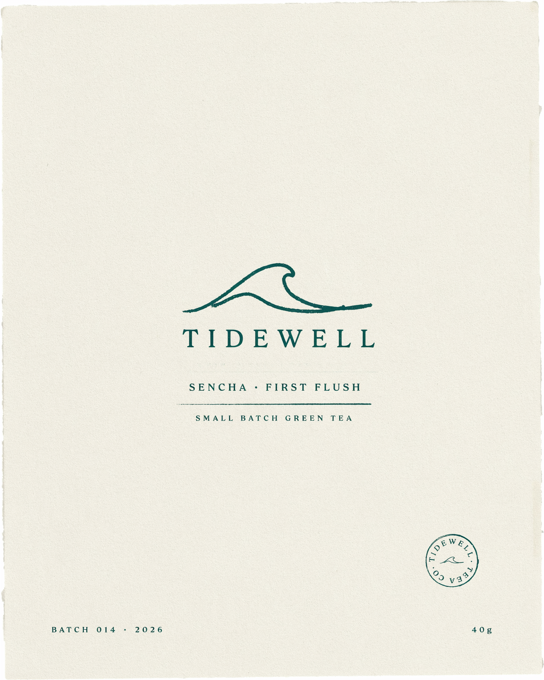 A cream packaging label for a tea brand named TIDEWELL with a hand drawn wave and the line SENCHA, FIRST FLUSH