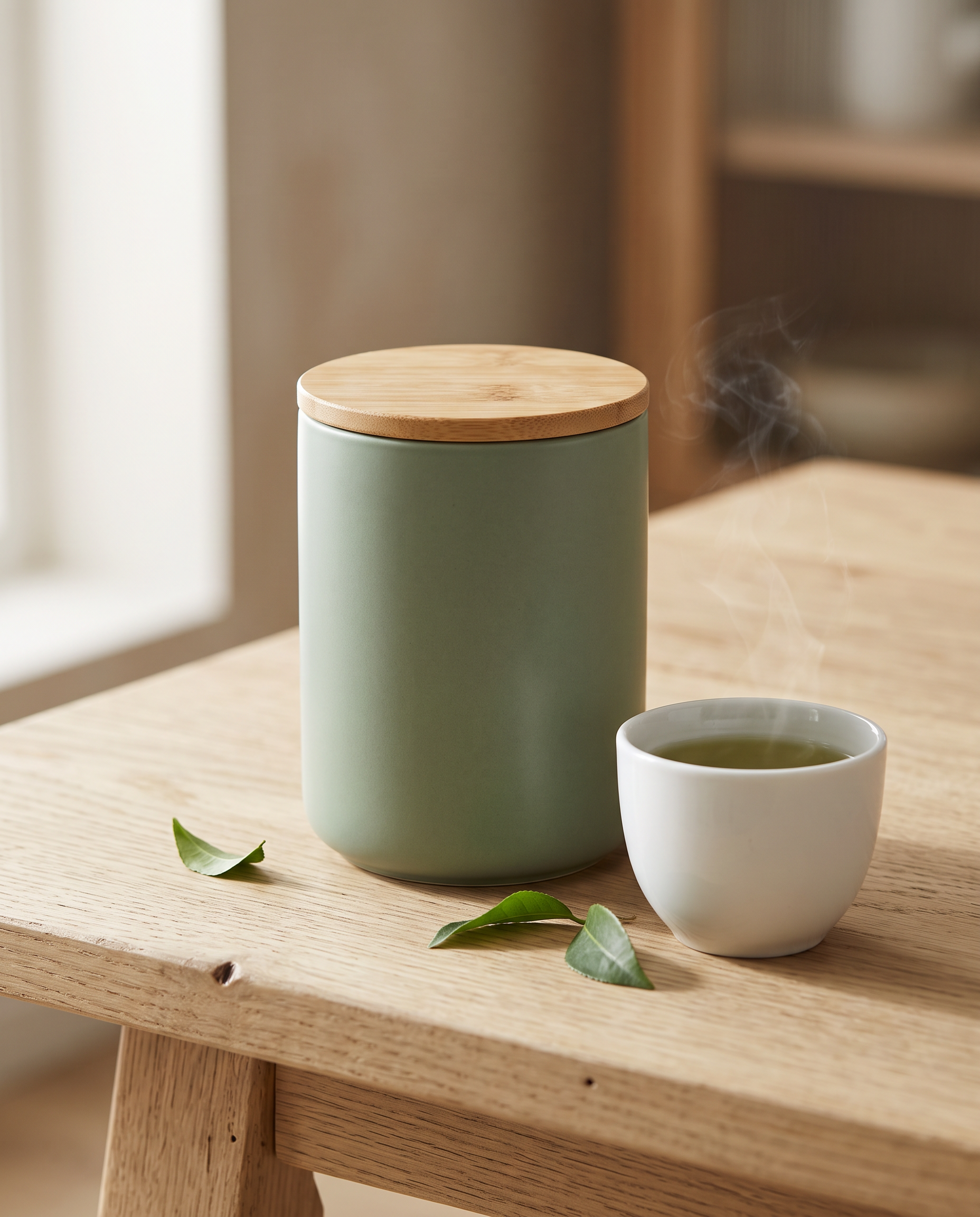 Step 1: a sage green ceramic tea tin with a bamboo lid beside a white cup of green tea on an oak table