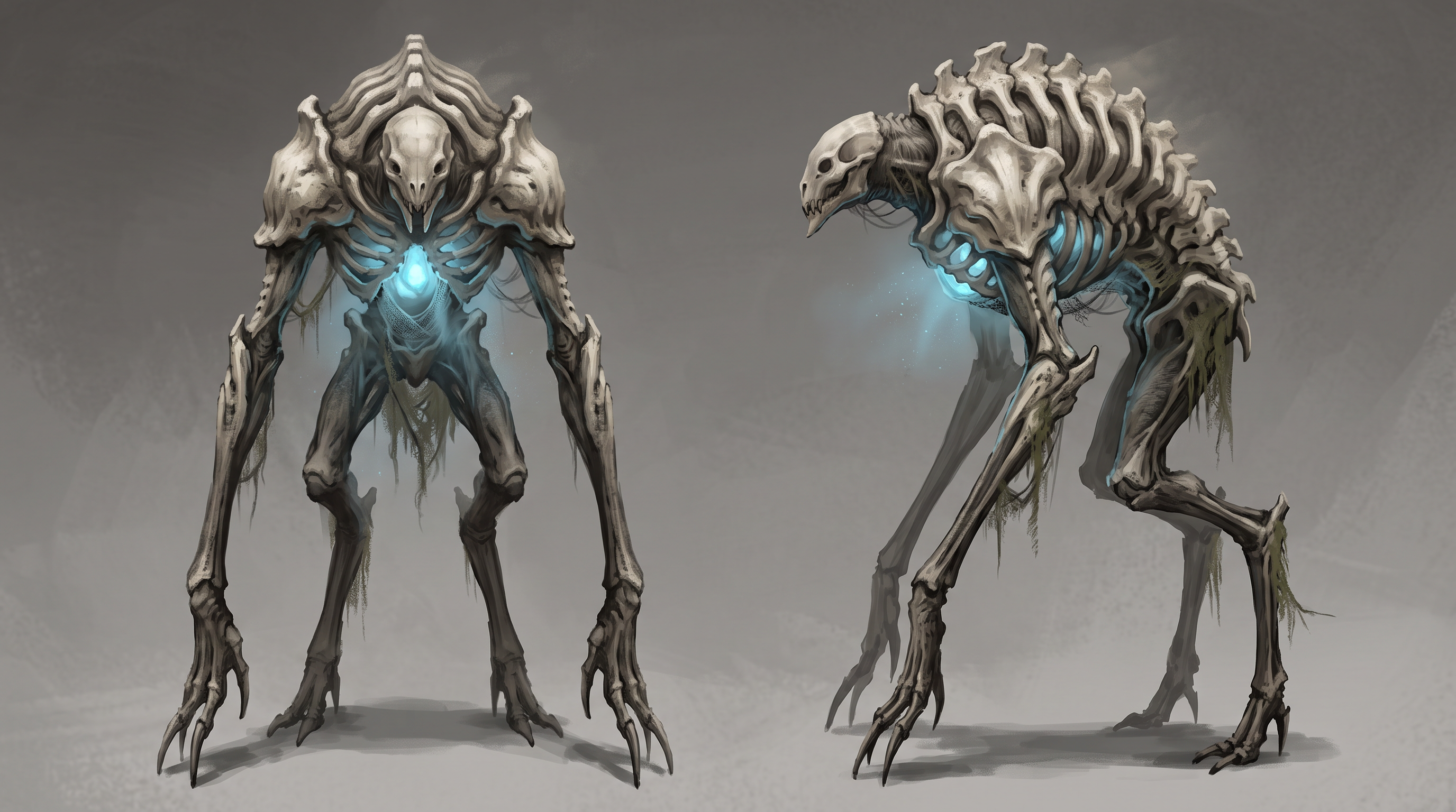Front and side concept views of a tall stilt legged bone creature with a glowing blue chest