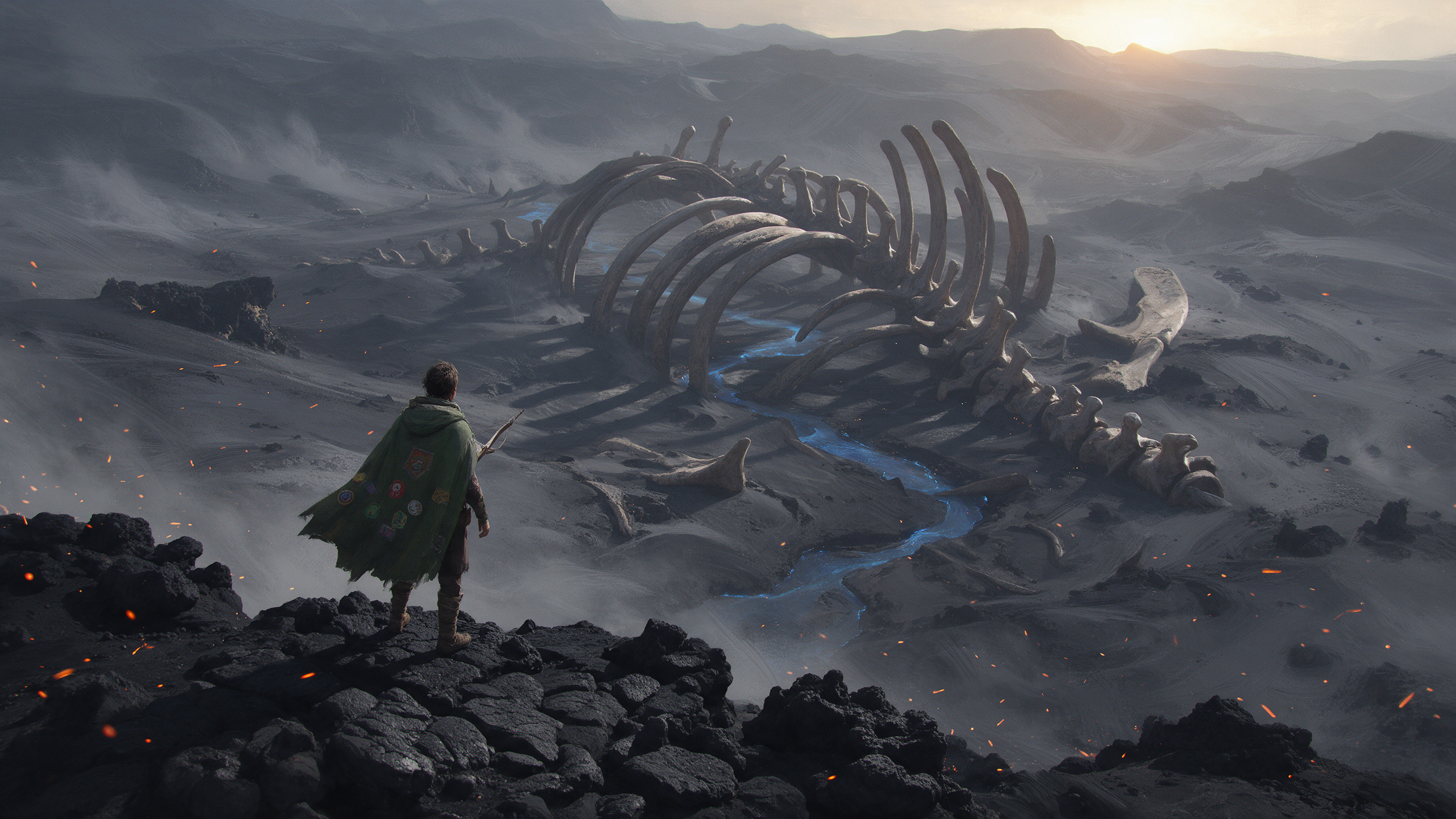 Seedream 5 key art: a scout on a basalt ridge above a giant ribcage in an ash valley