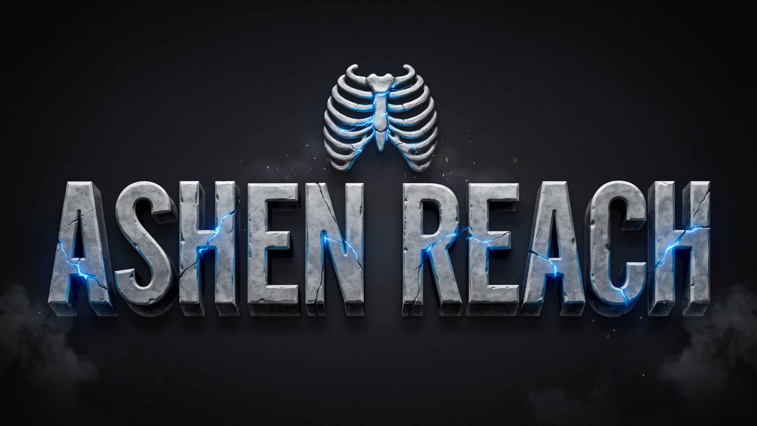 A stone carved game title reading ASHEN REACH with glowing blue cracks and a ribcage emblem