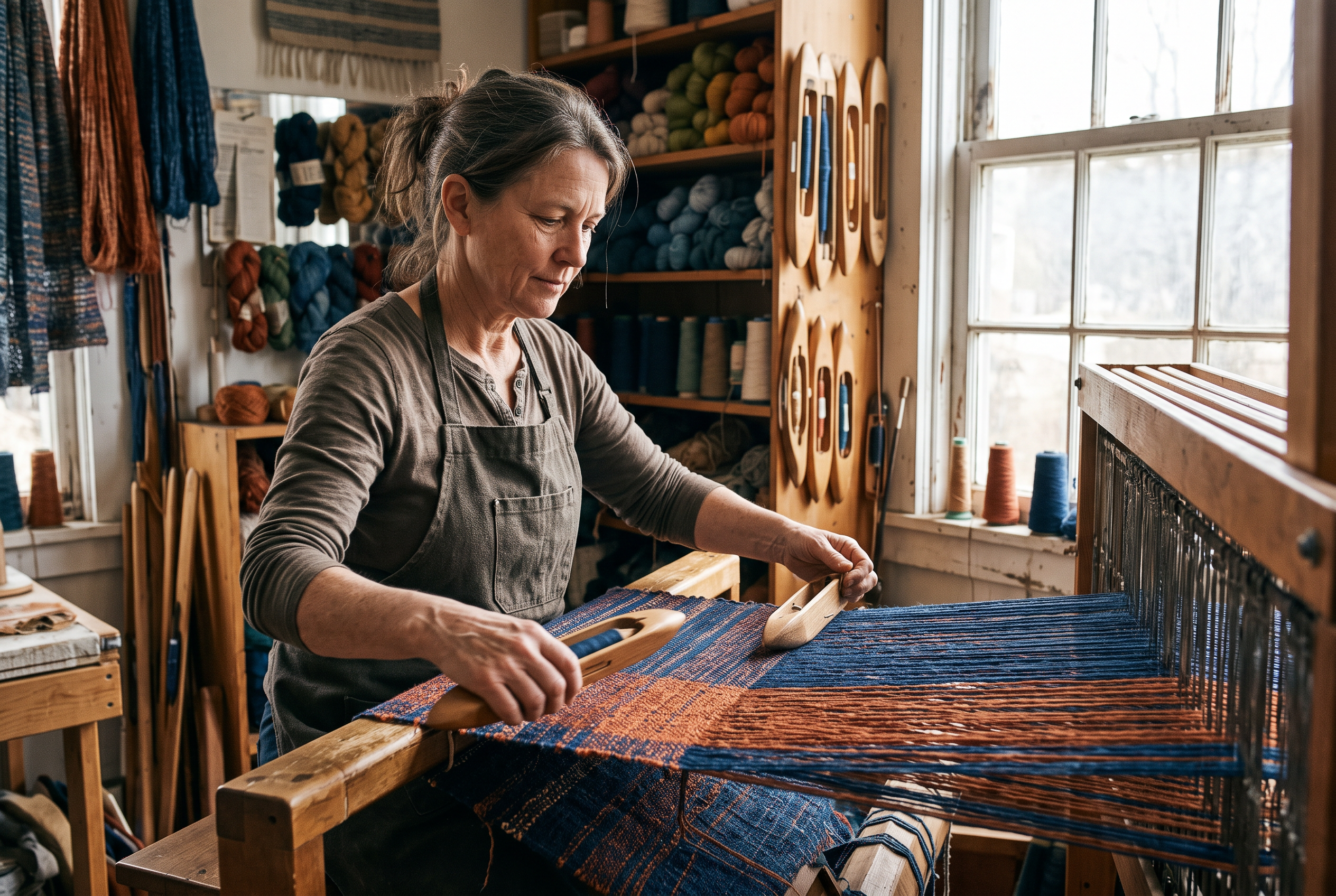 A weaver works indigo and rust threads at a wide wooden loom in a bright studio