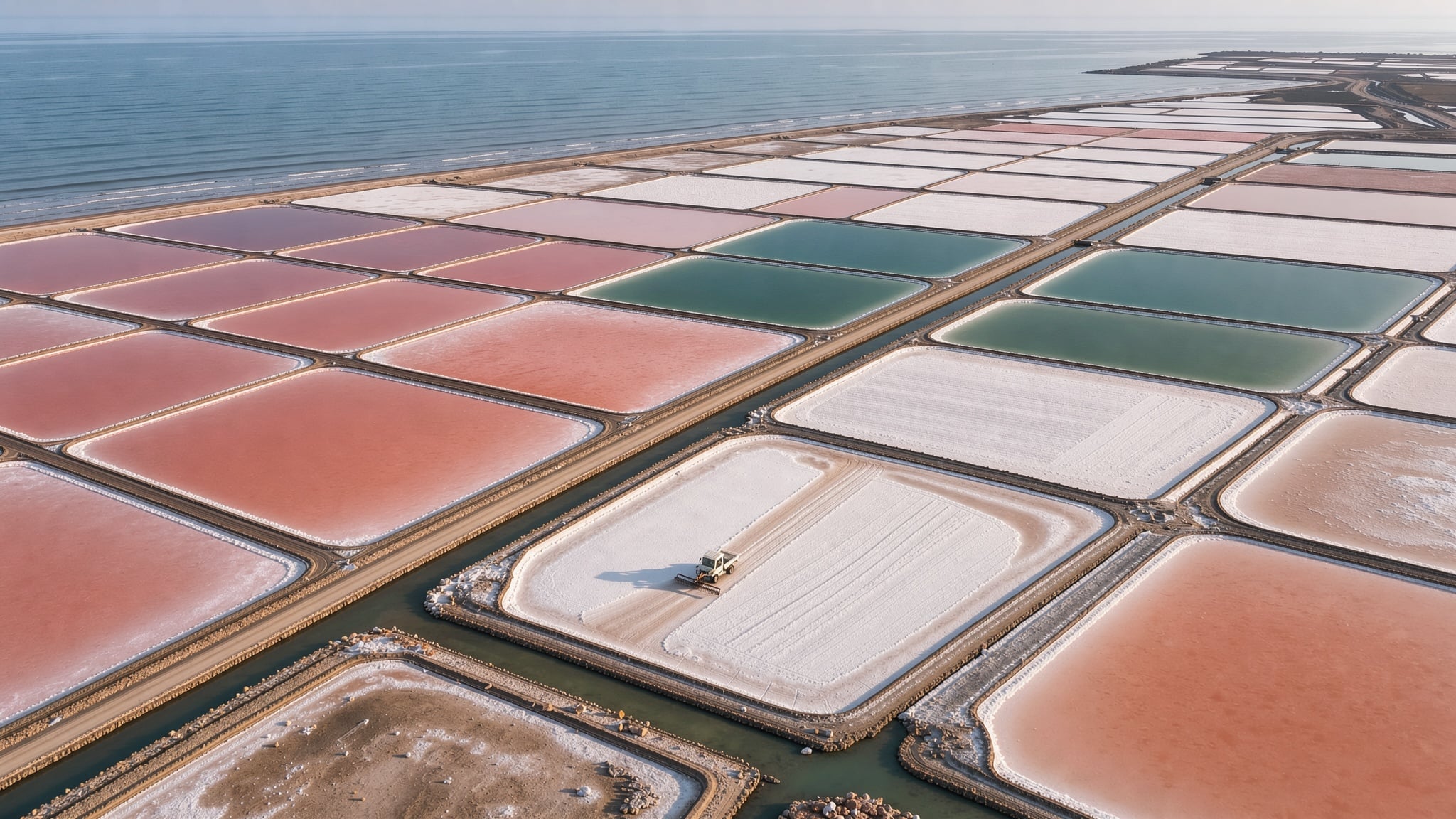 Aerial view of pink, teal and white salt pans beside a calm sea with a tiny rake truck on one pan