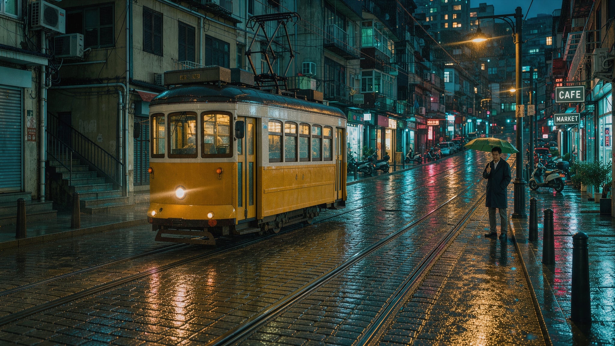 A yellow tram rolls through a rainy hillside street at night with neon smears on the wet cobbles