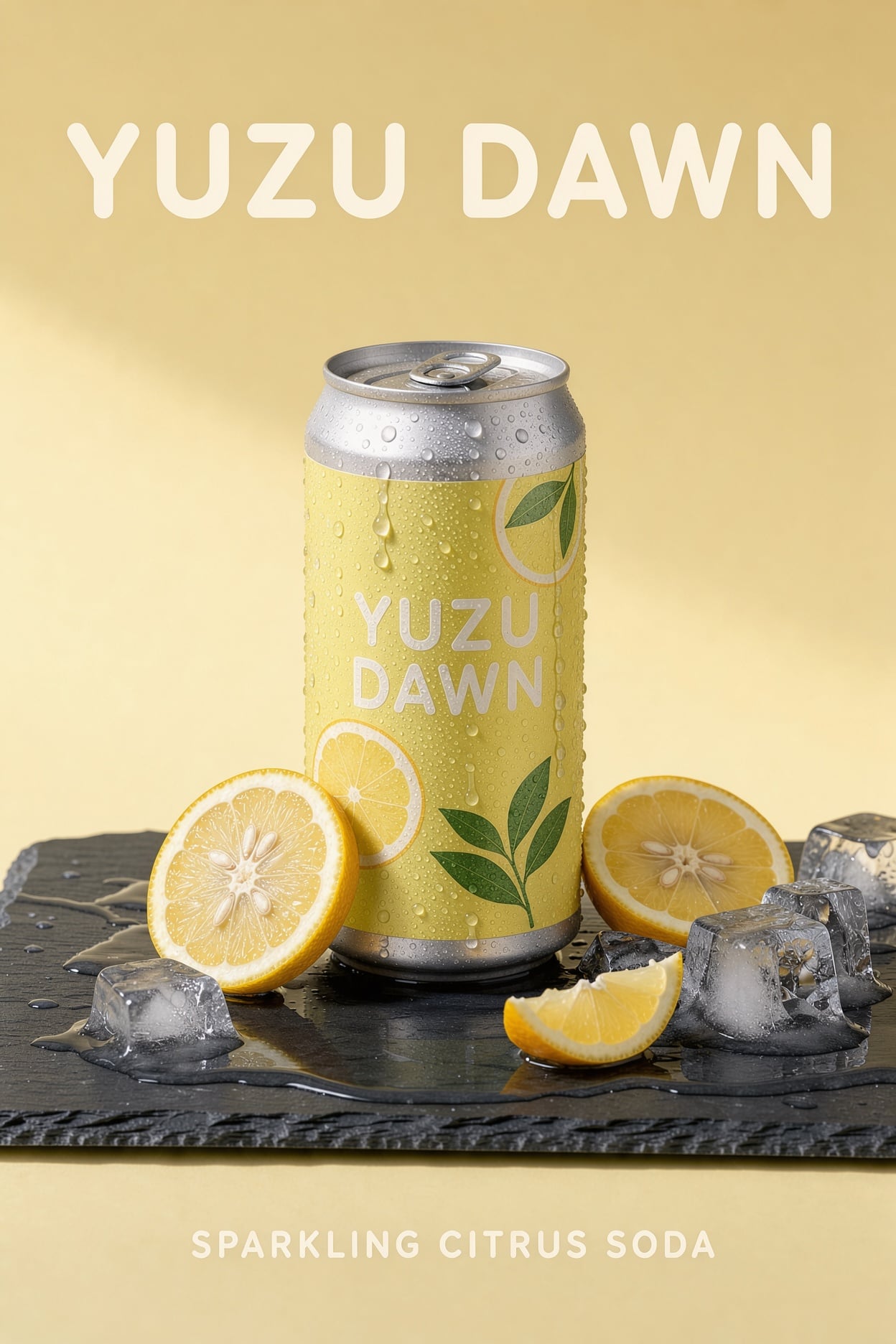 FLUX 3 Image: the can on a slate tray with leaf art on a yellow label and the title across the top