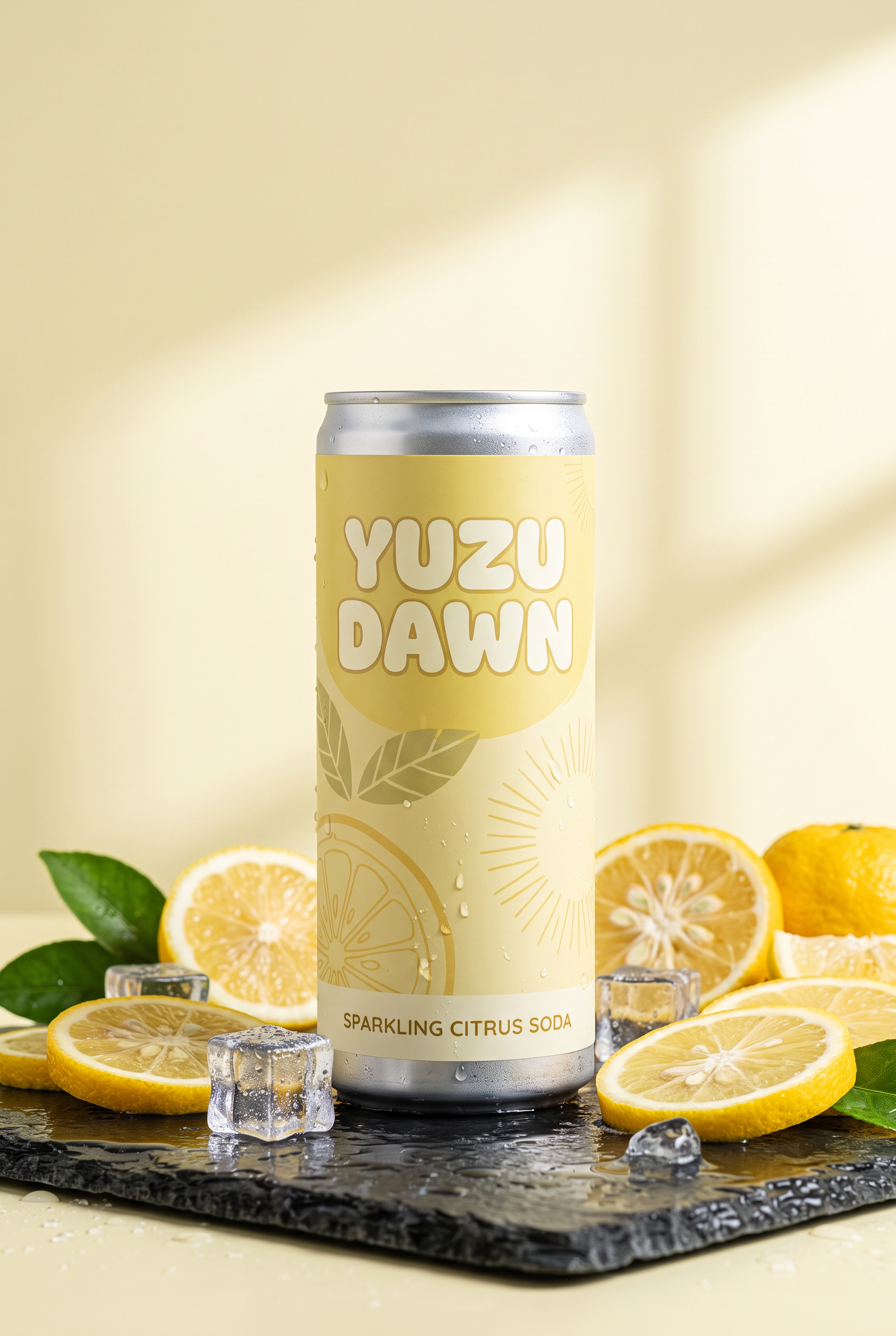 Nano Banana 2.1: a tall can in soft window shadows surrounded by cut citrus