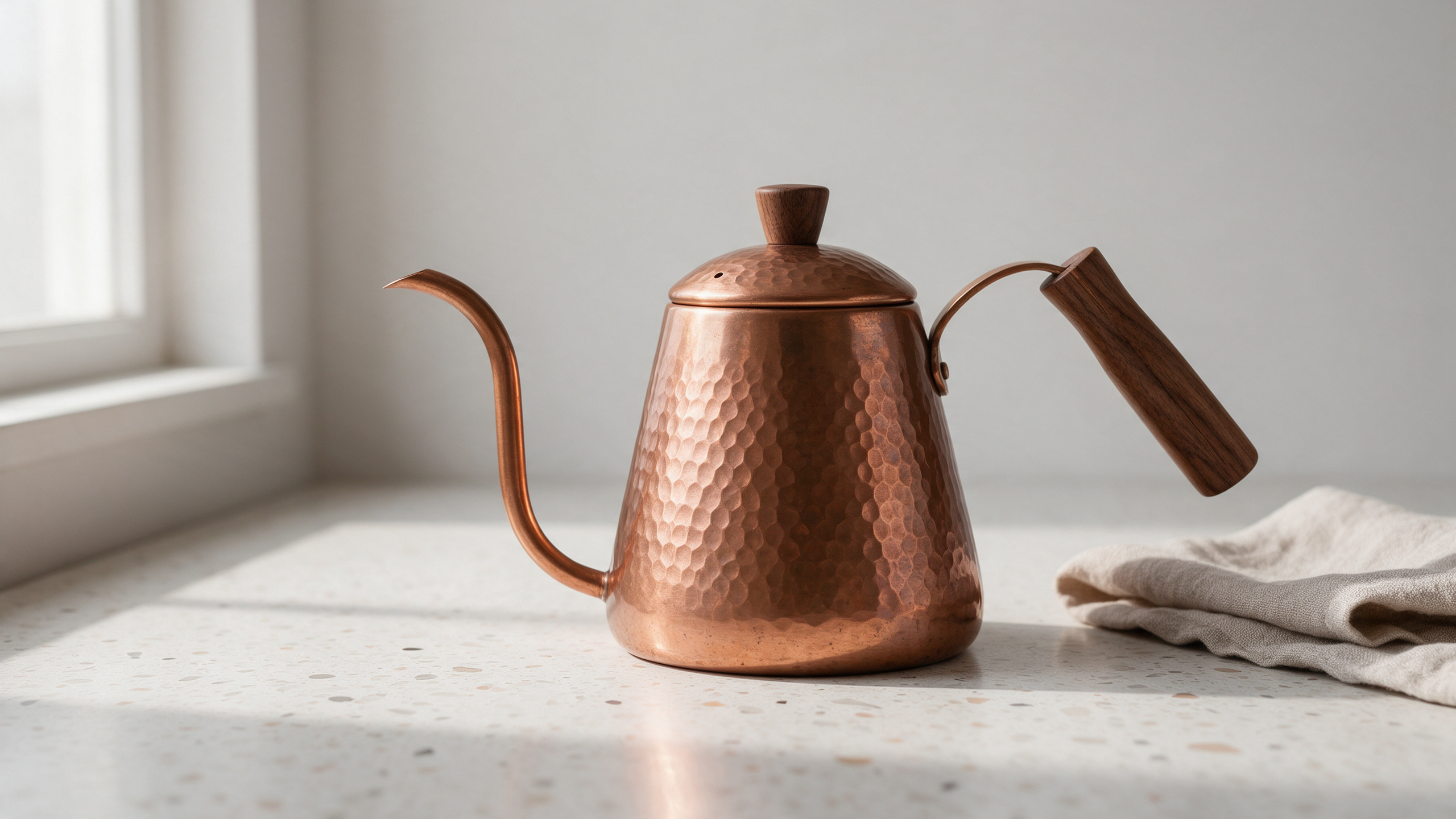 A hammered copper gooseneck kettle with a walnut handle on a pale terrazzo counter in window light