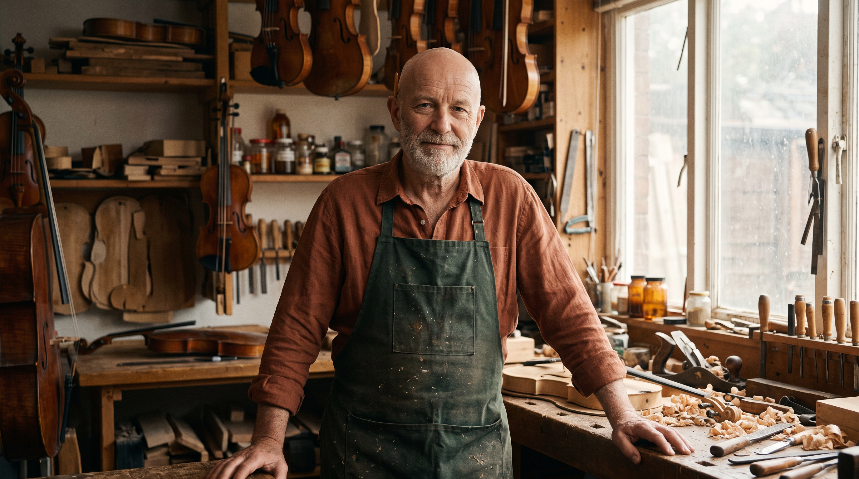 Portrait of an original luthier with a silver beard and a green apron in his workshop