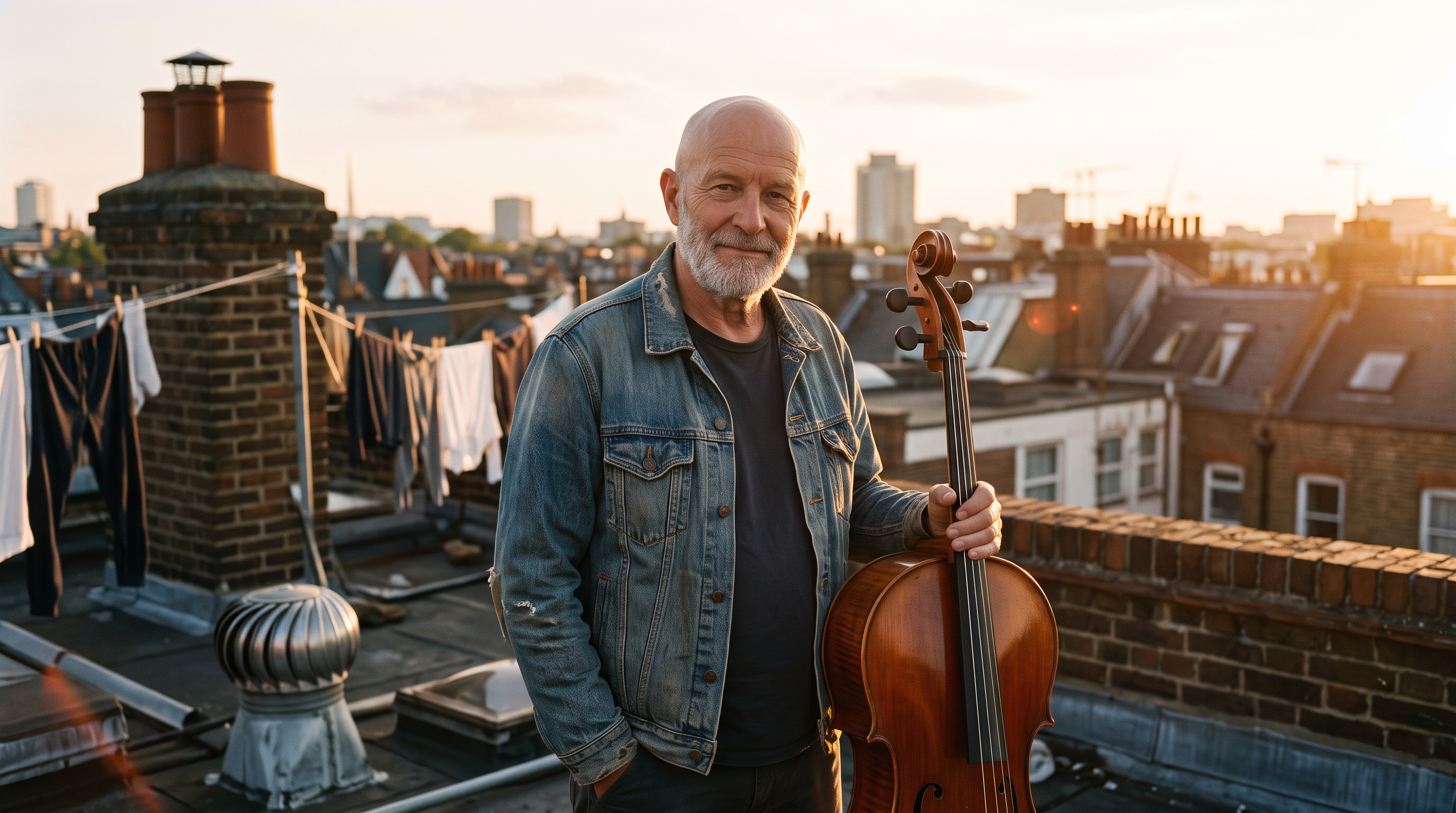 Scene three still: the same luthier on a rooftop at golden hour with a cello