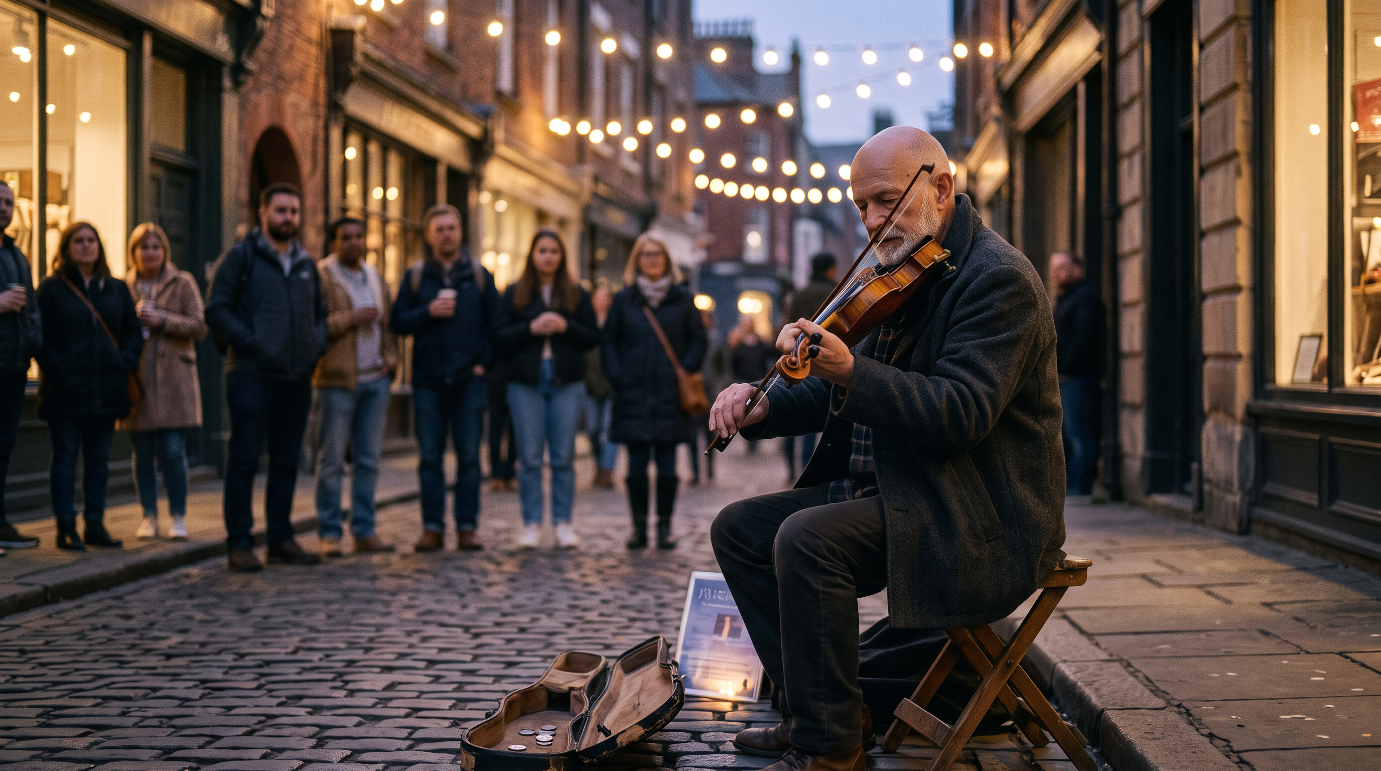 Scene two still: the same luthier on a folding stool on a cobbled street at dusk