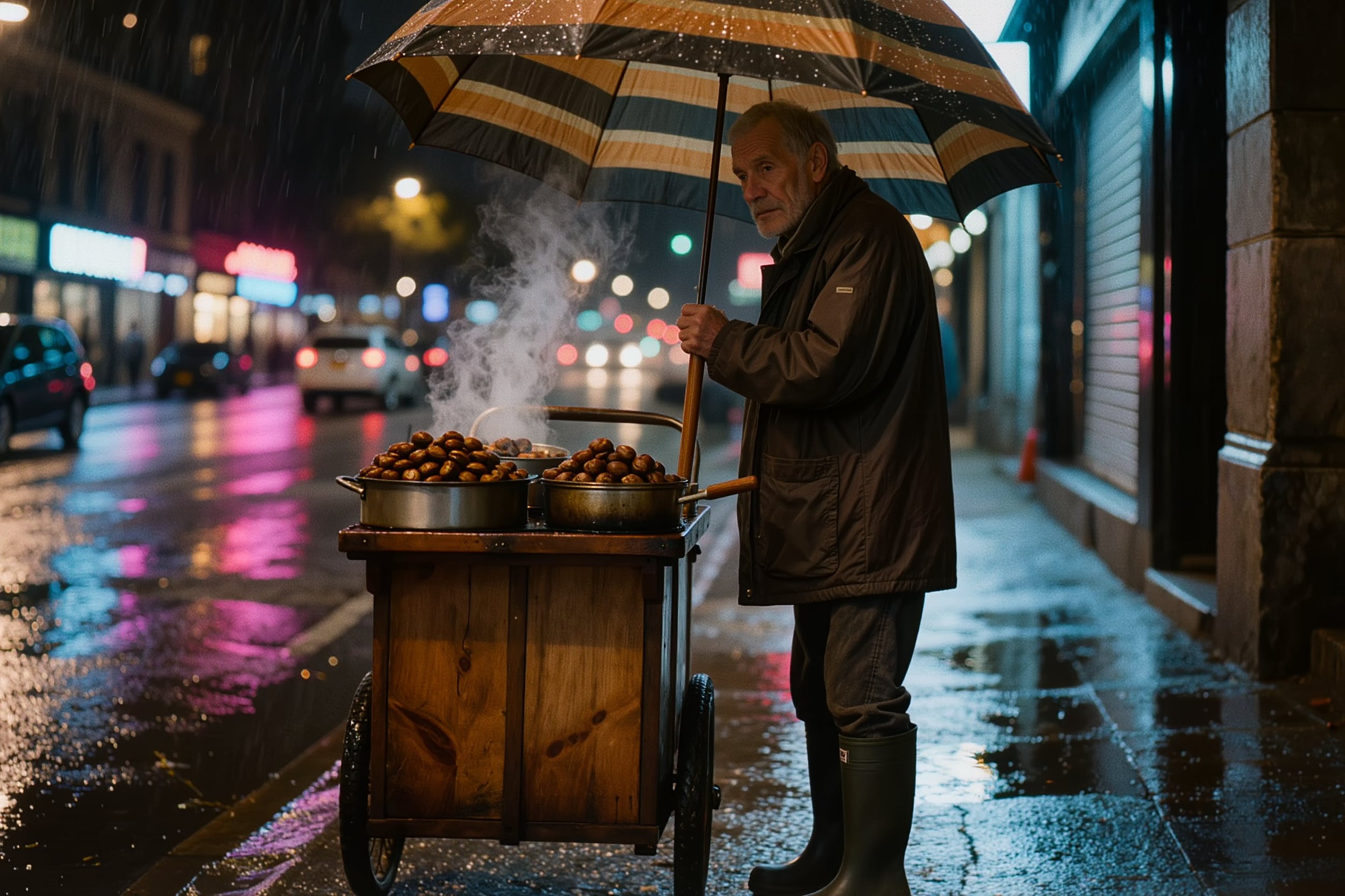 An old man sells roasted chestnuts under a striped umbrella on a wet neon street