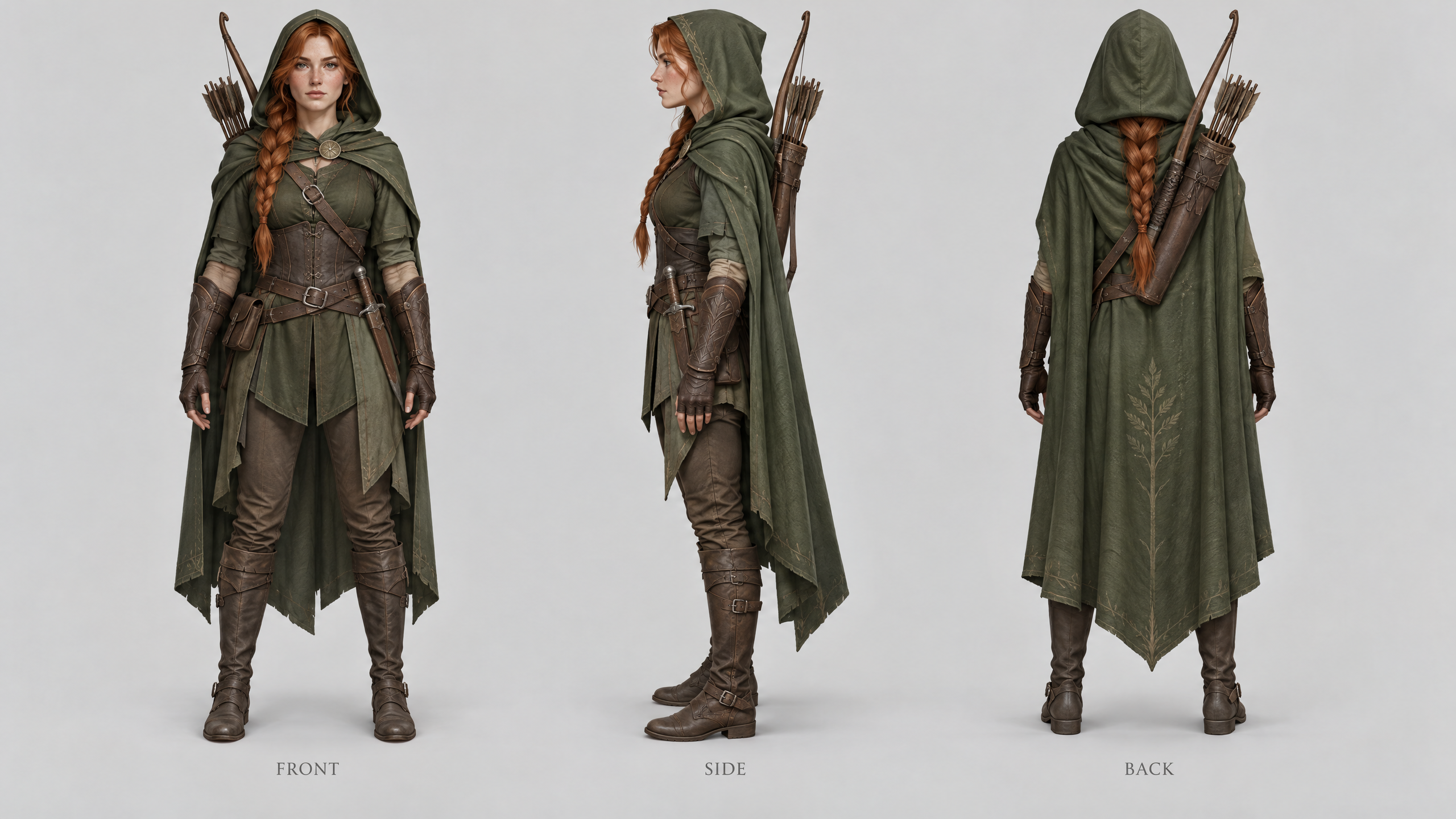Front, side and back views of an original fantasy ranger with a copper braid and green cloak