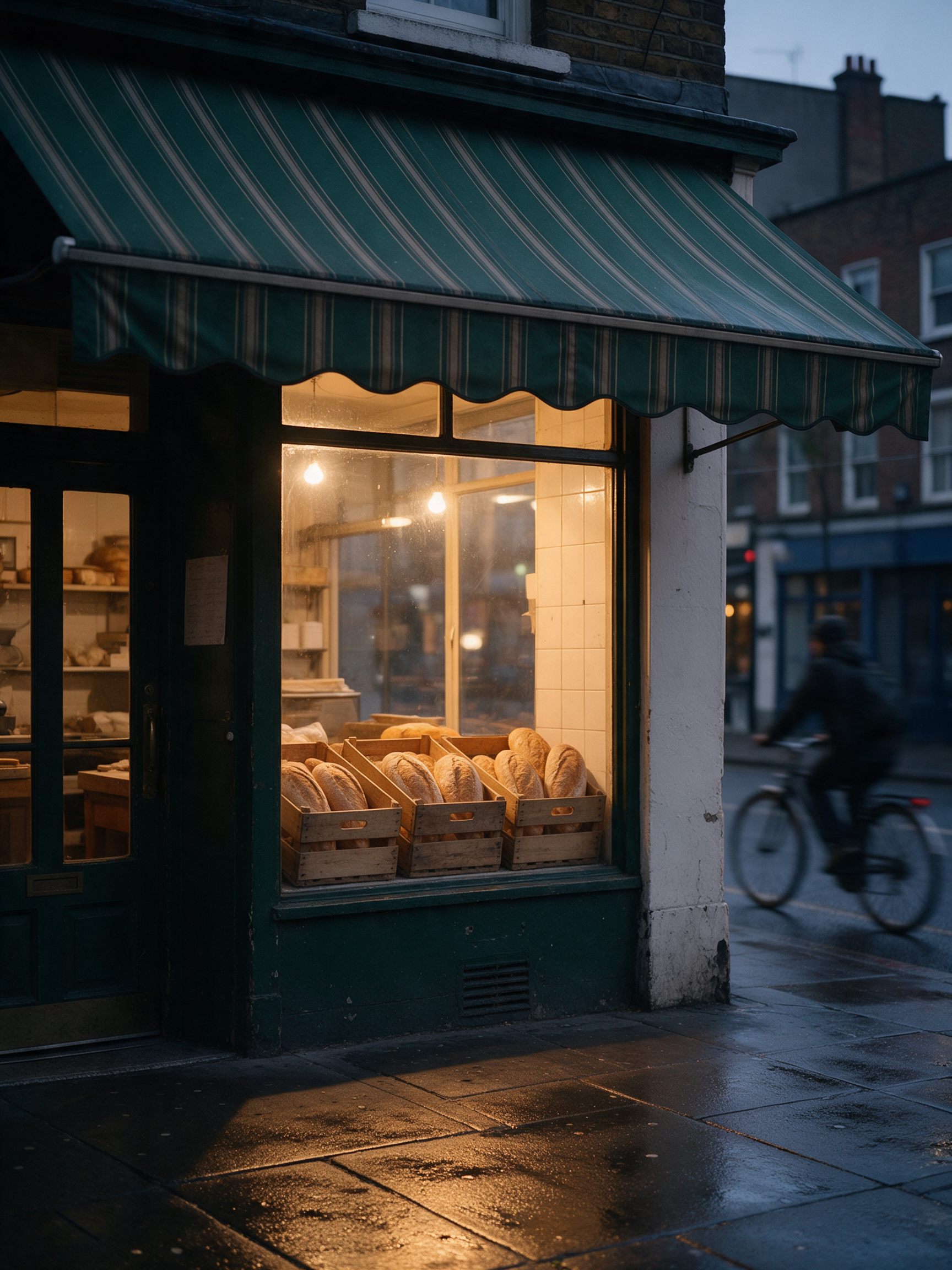 A corner bakery at dawn with a striped green awning, loaves in the window and a cyclist passing on the wet street