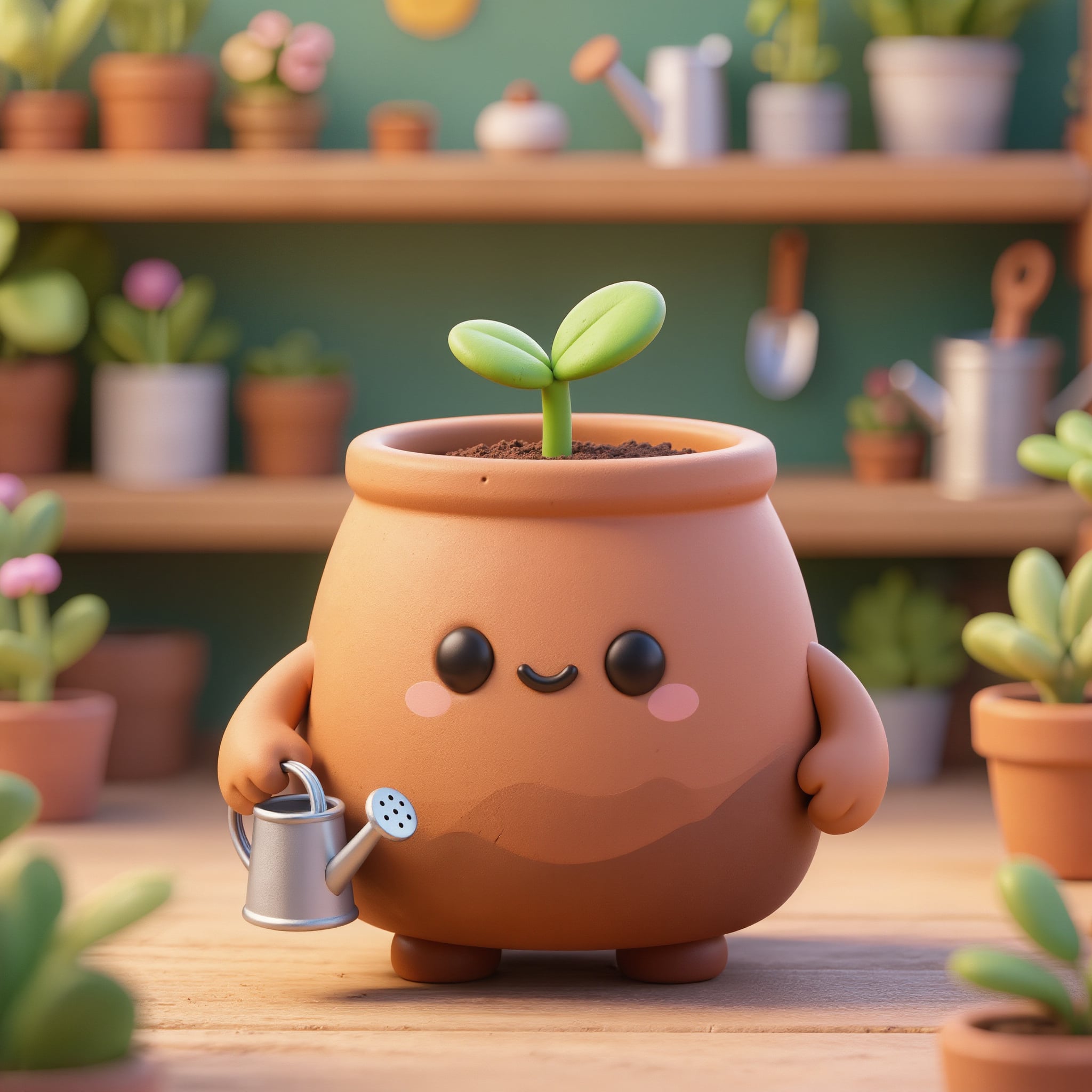 A round terracotta pot mascot with a sprout on top and a smiling face holds a tiny watering can