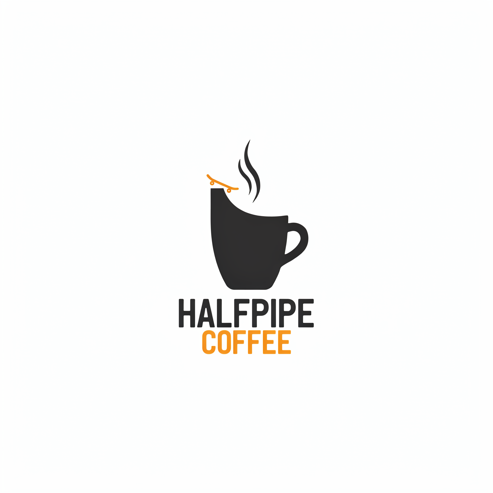 Ideogram 4.5: a small charcoal cup with steam and a tiny orange skateboard above tall HALFPIPE COFFEE type