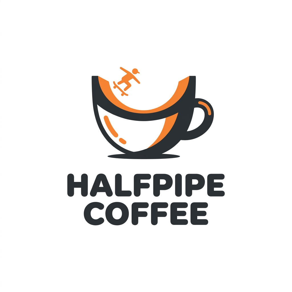 Nano Banana 2.1: a skater rides the orange inner curve of a charcoal cup above HALFPIPE COFFEE