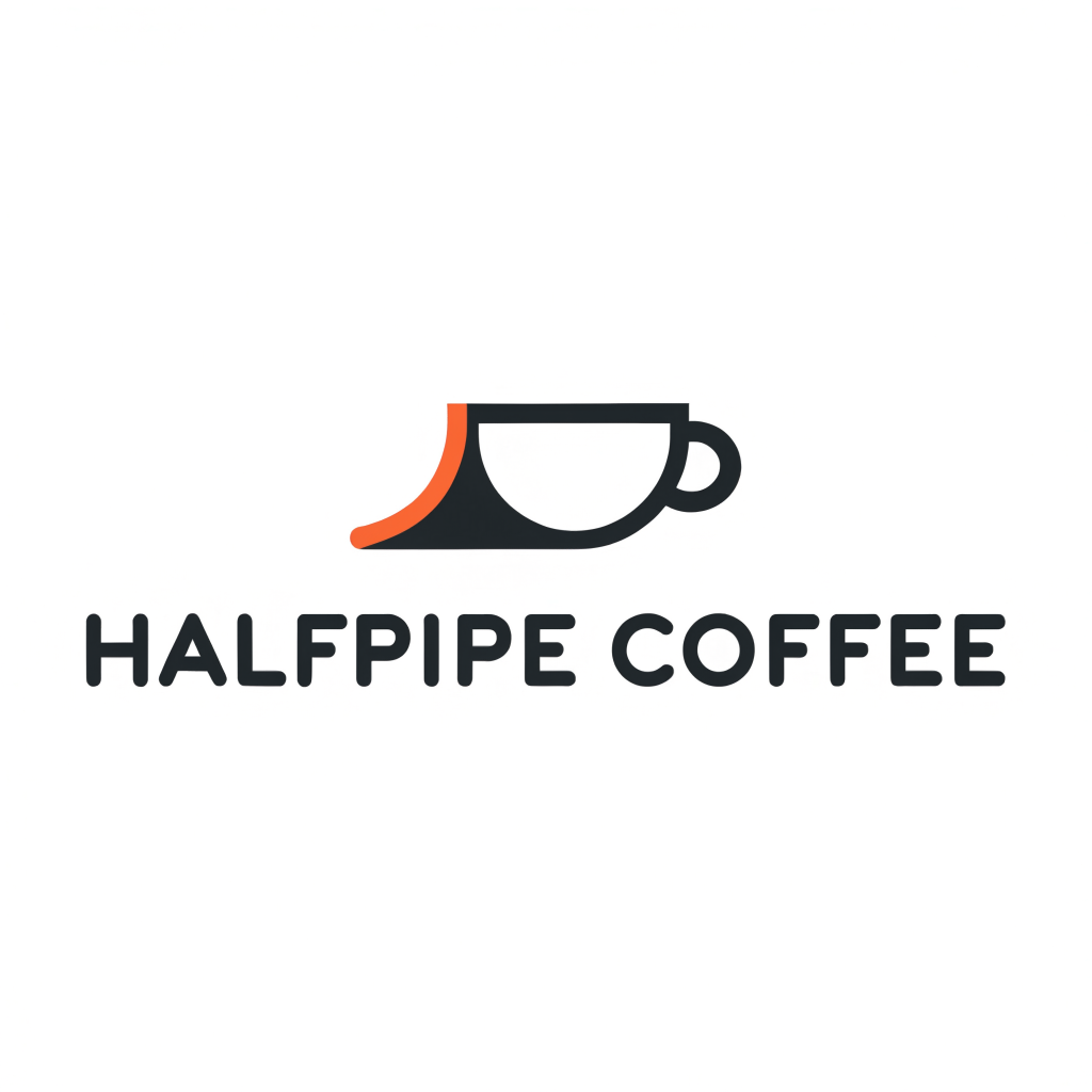 Recraft V4.1: a charcoal cup whose rim curves into an orange ramp, over HALFPIPE COFFEE in rounded type