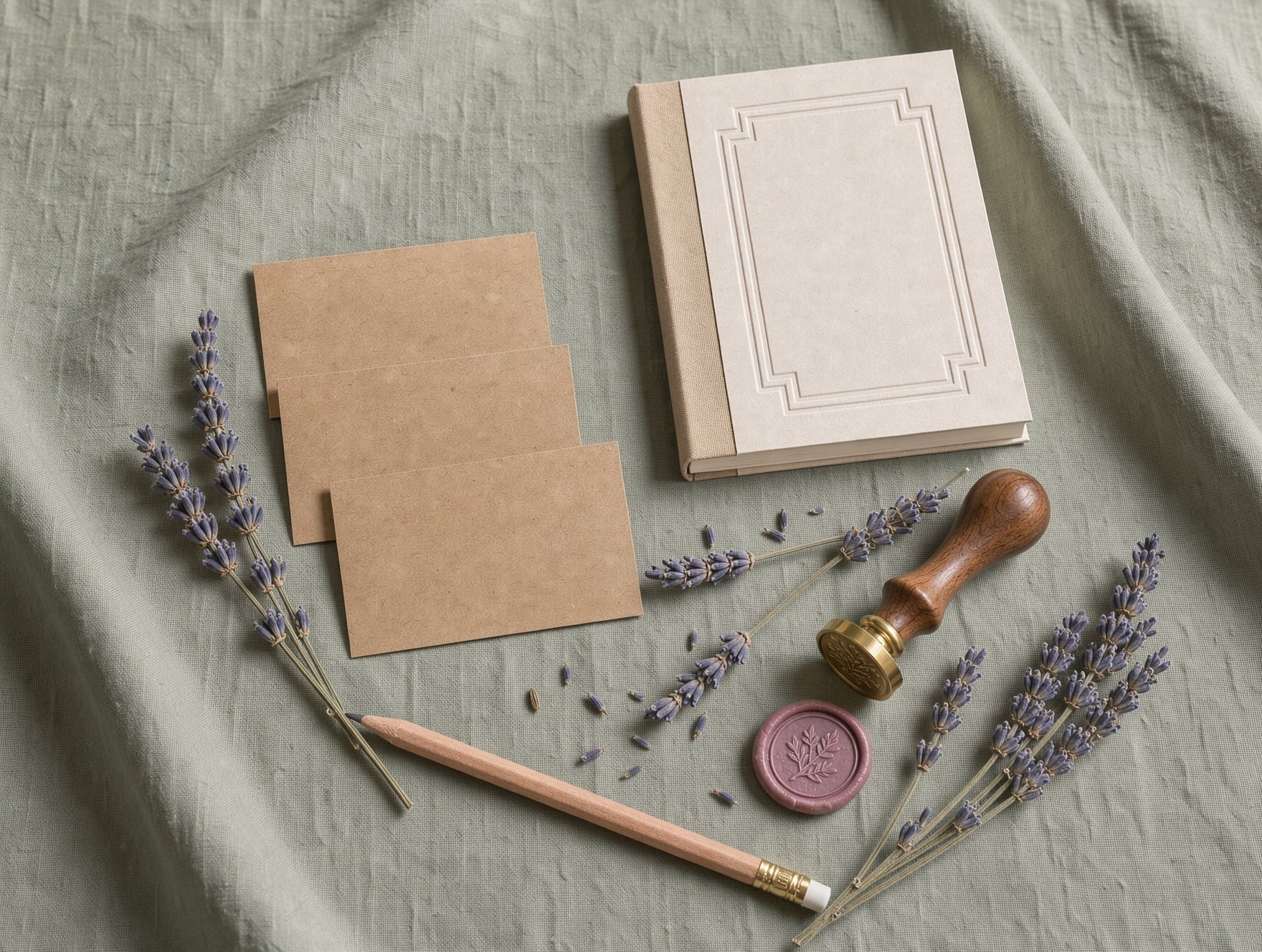 Blank kraft business cards, a cream notebook, a wax seal stamp and dried lavender on sage linen