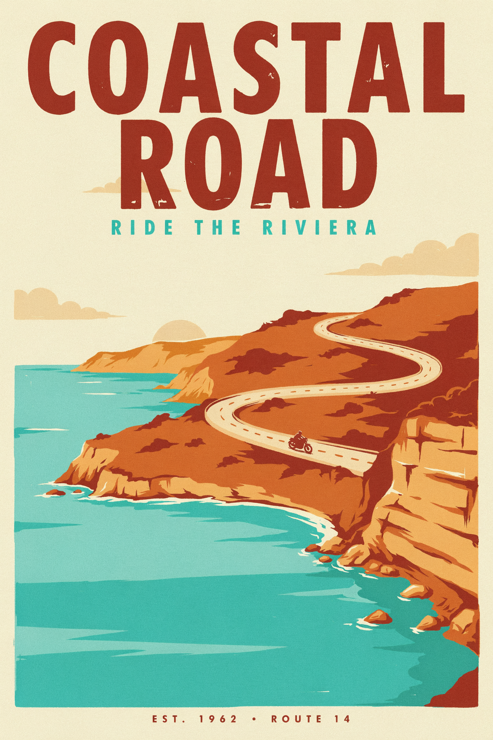 A retro screen print travel poster reading COASTAL ROAD over a winding cliff road and a turquoise bay