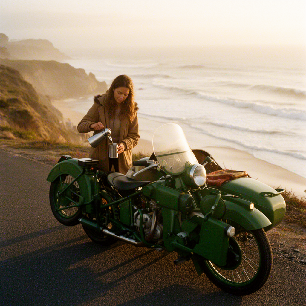 Flux 2 Dev: a woman pours from a thermos behind a dark green sidecar motorcycle on a misty cliff