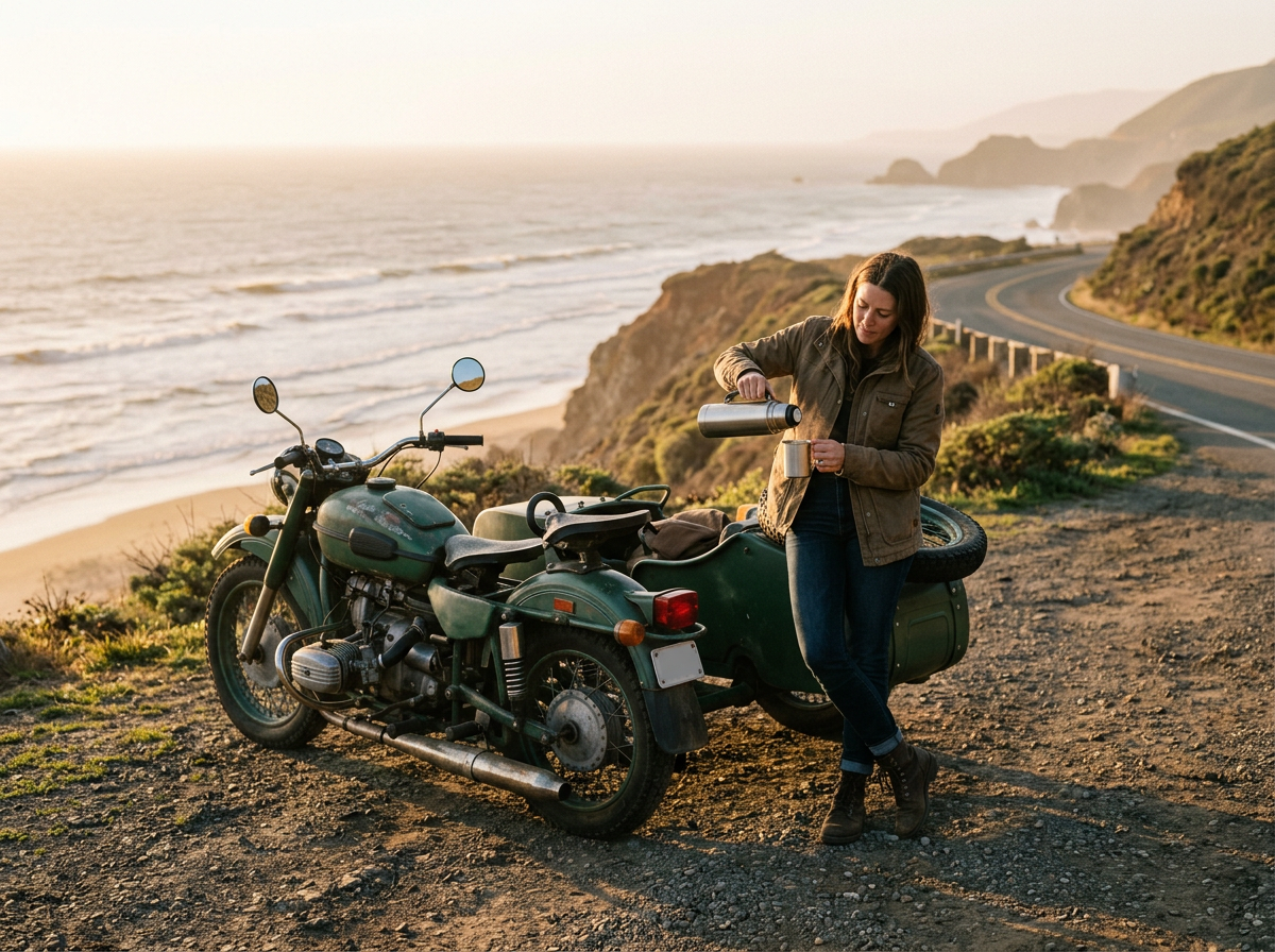 Nano Banana 2.1: a woman leans on a green sidecar pouring coffee, a winding cliff road behind her