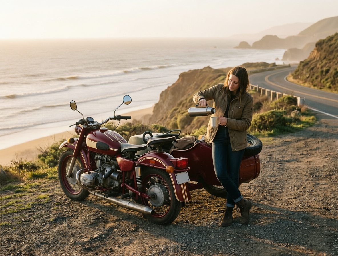 The same scene with the motorcycle and sidecar repainted deep burgundy with cream pinstripes