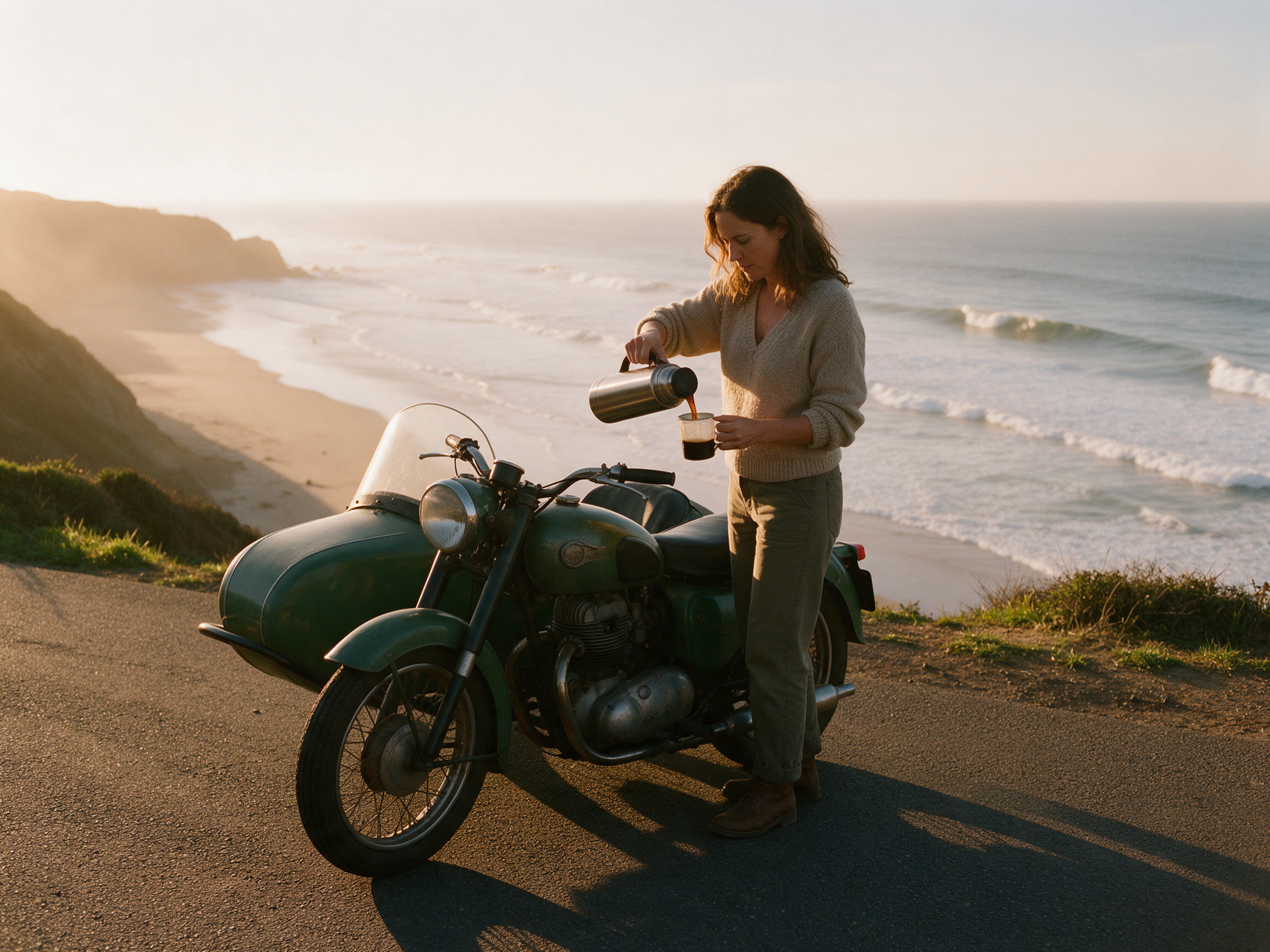 Seedream 5: a woman pours coffee into a cup beside a green sidecar motorcycle with waves below