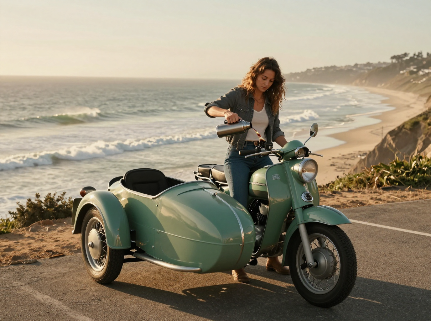 Z-Image Turbo: a woman pours coffee beside a mint green motorcycle with a sidecar above a surf beach