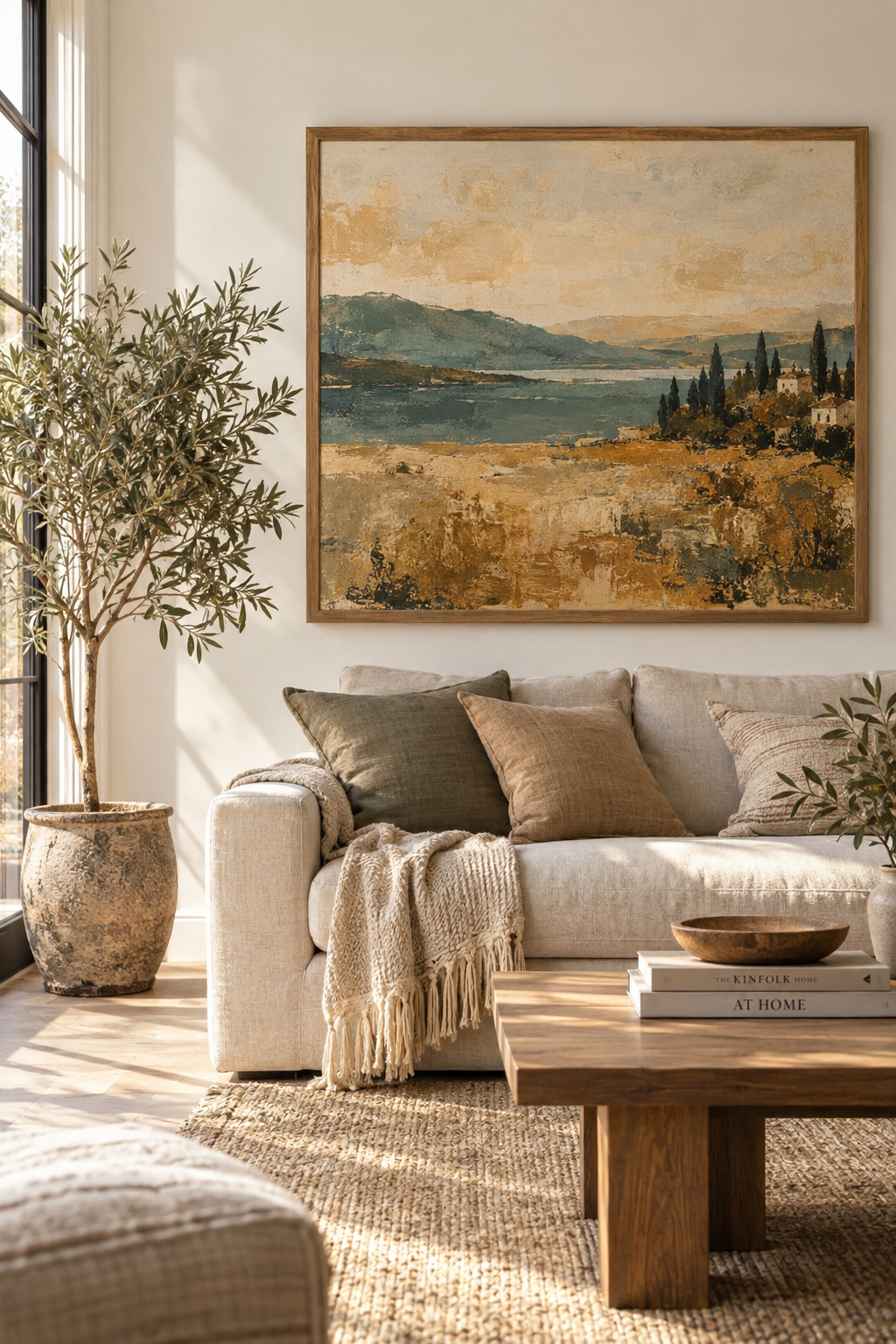 A large oak framed landscape print above a linen sofa in a sunlit living room with an olive tree beside it