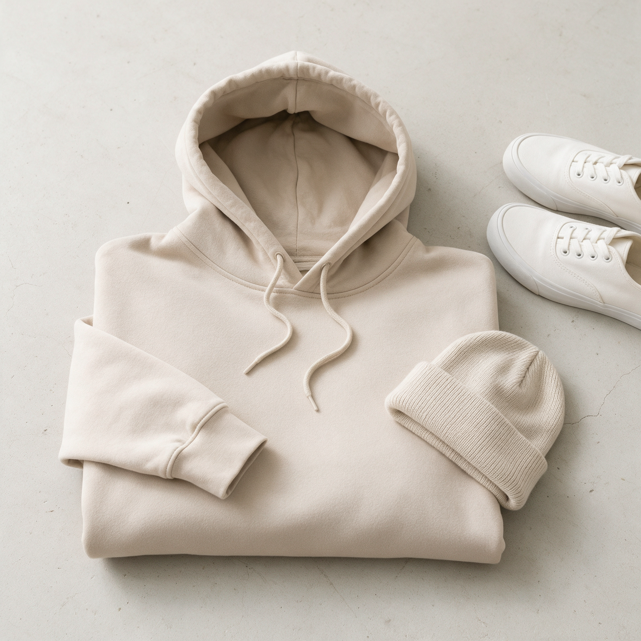 A plain oatmeal pullover hoodie folded on pale concrete with white canvas shoes and a rolled beanie