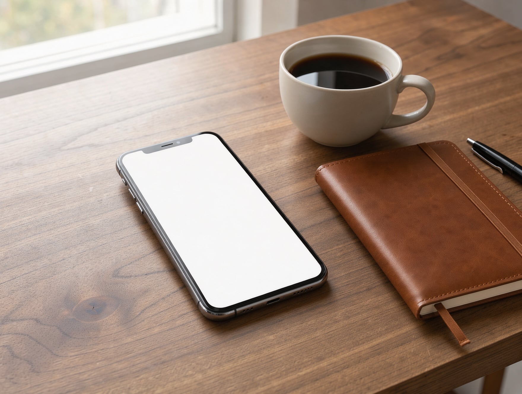 A smartphone with a plain white screen on a walnut desk beside a coffee cup and a leather notebook