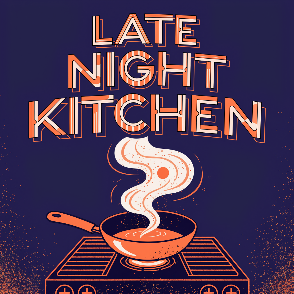 A square cover reading LATE NIGHT KITCHEN in retro lettering over a glowing stovetop and a copper pan
