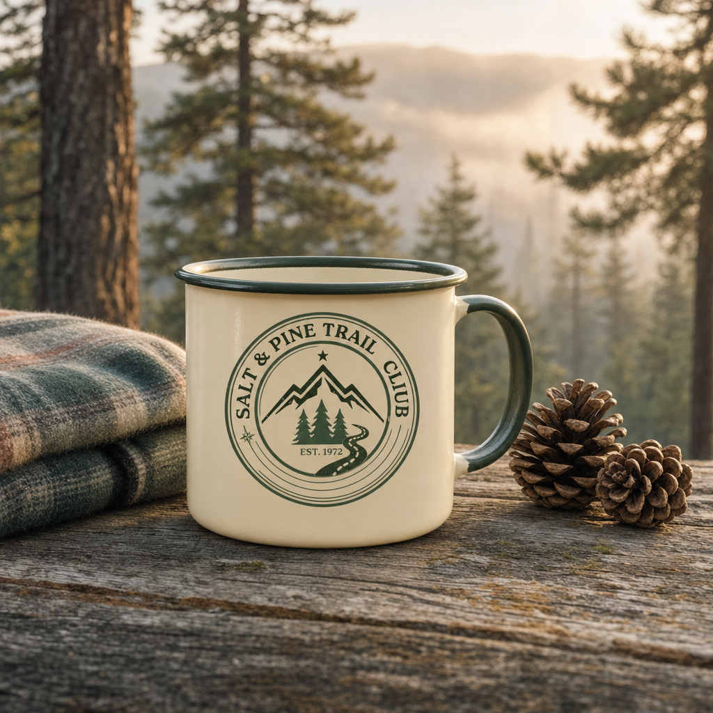 GPT Image 2 Edit: the badge printed in green on a cream enamel camp mug beside a plaid blanket and pine cones