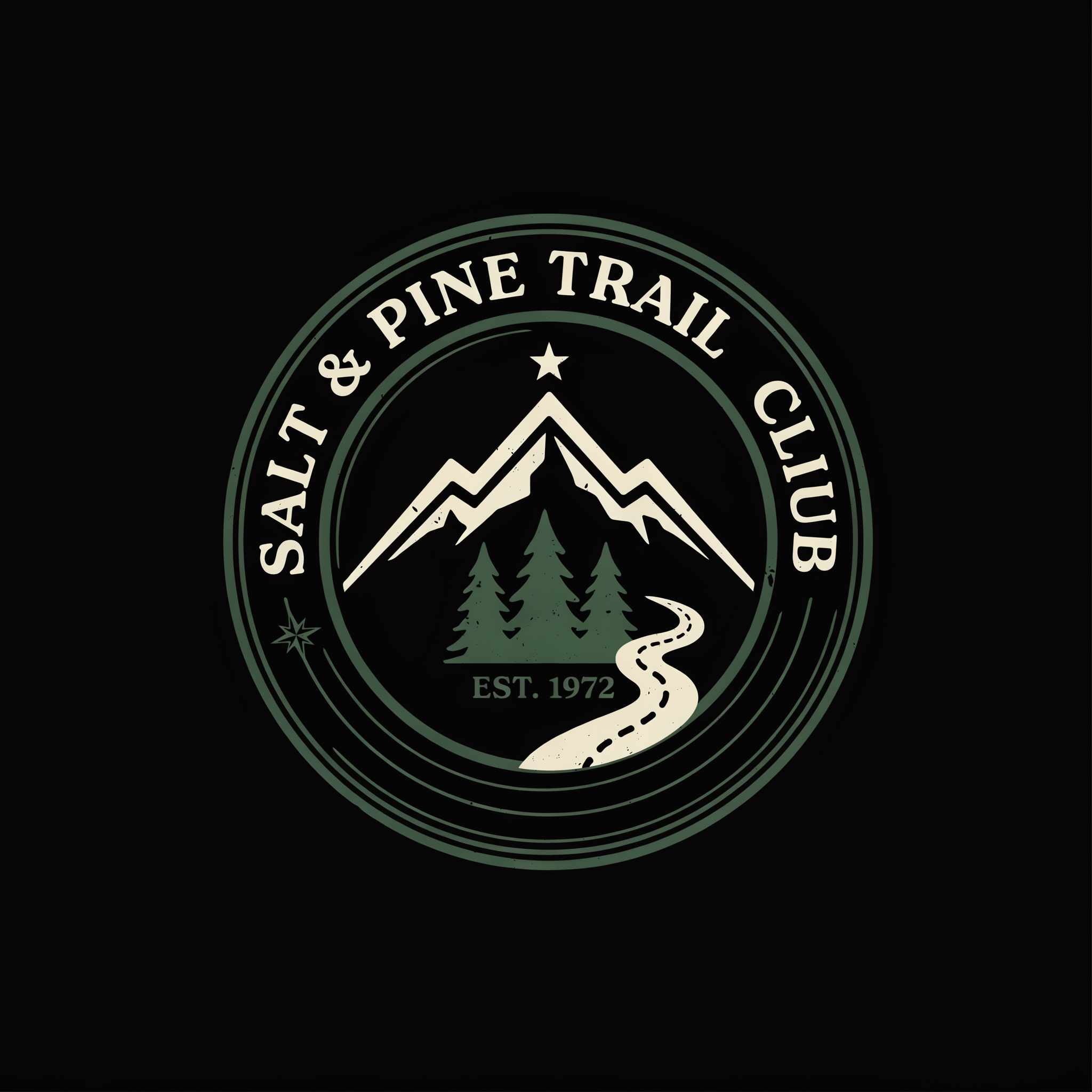 Ideogram 4.5: a round cream and green badge with a mountain, pines, a winding trail and SALT & PINE TRAIL CLUB