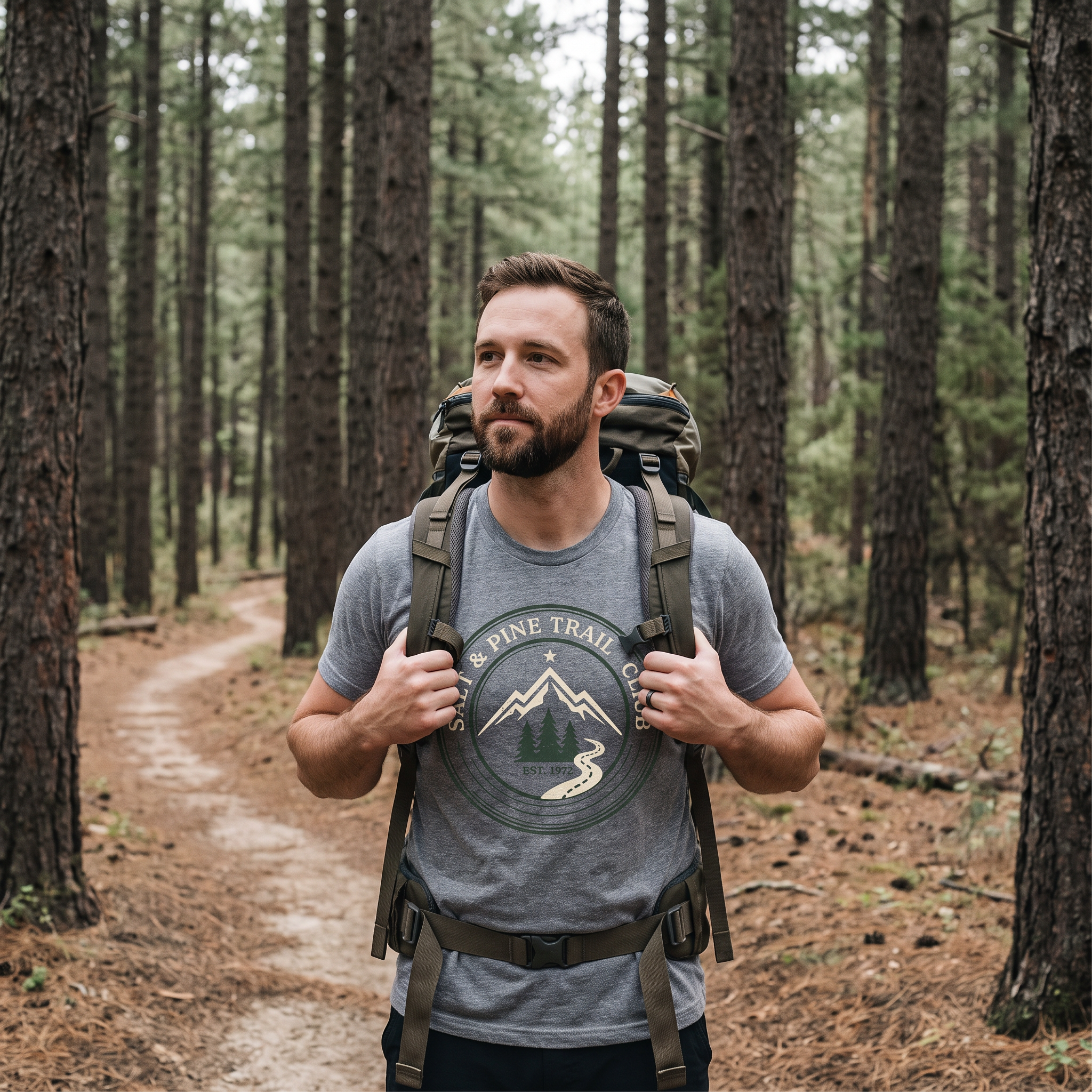 Nano Banana Edit: a bearded hiker in his thirties wears the badge on a heather grey tee on a forest trail