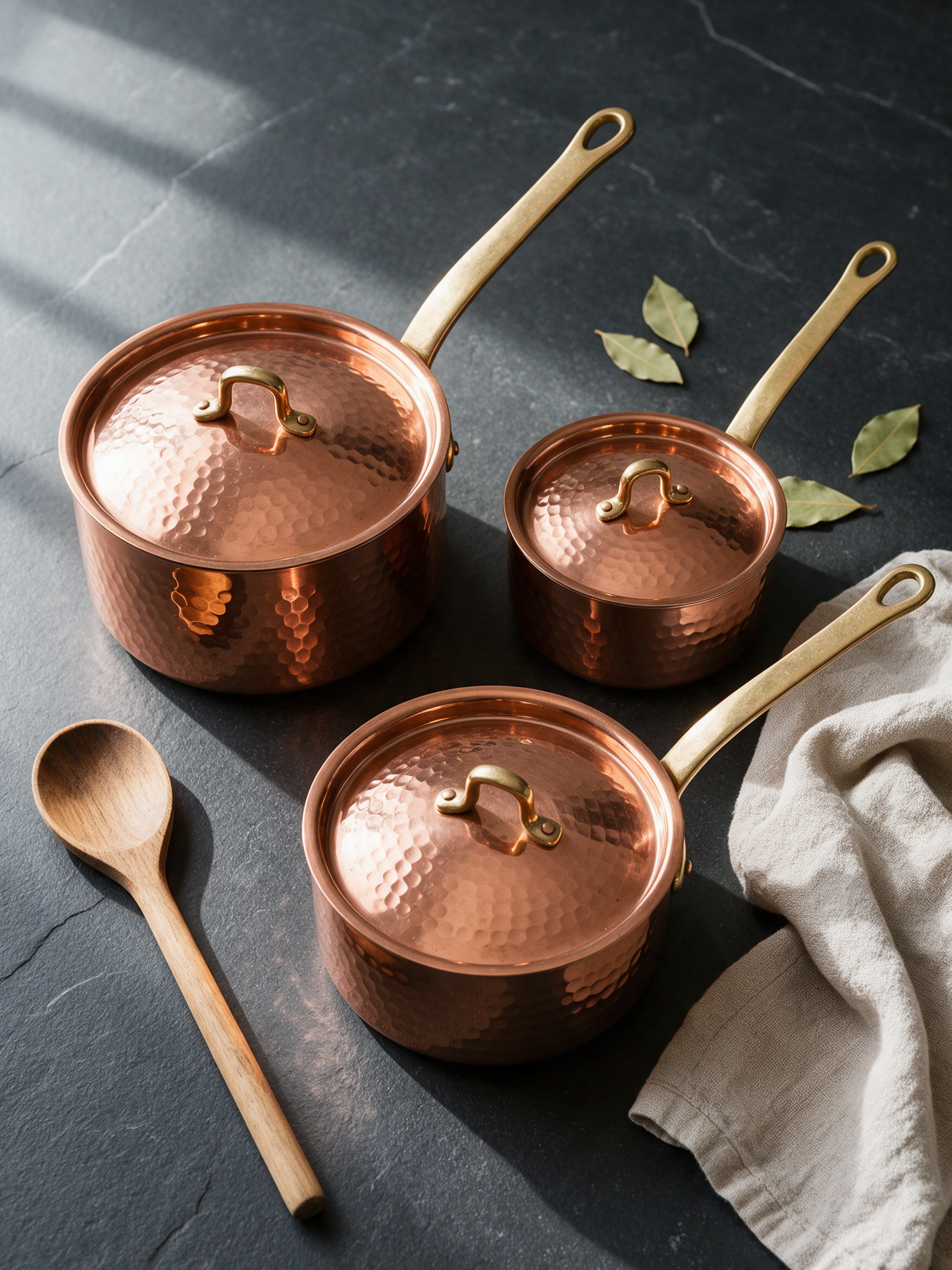 Three hammered copper saucepans with brass handles on dark slate beside a wooden spoon, a linen towel and bay leaves
