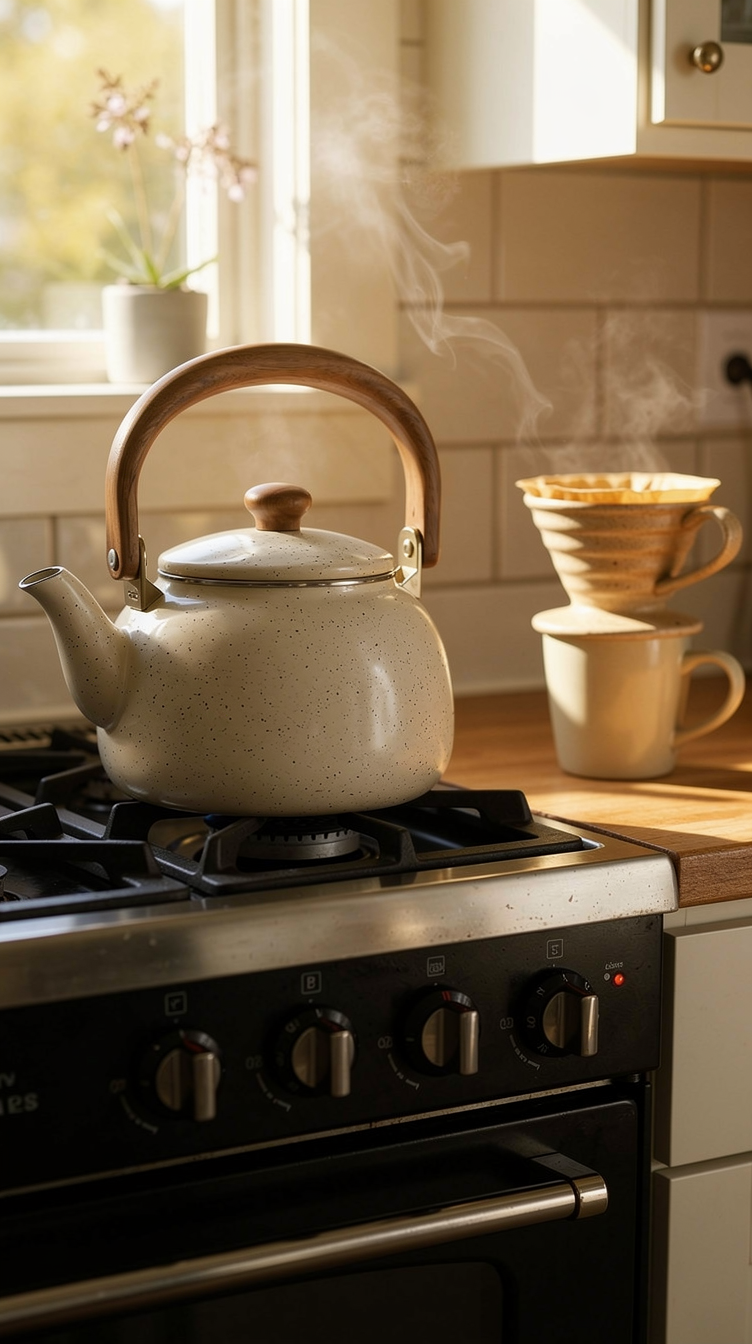 FLUX 2 Pro: the kettle on a gas burner in a sunlit farmhouse kitchen with a pour over dripper beside it