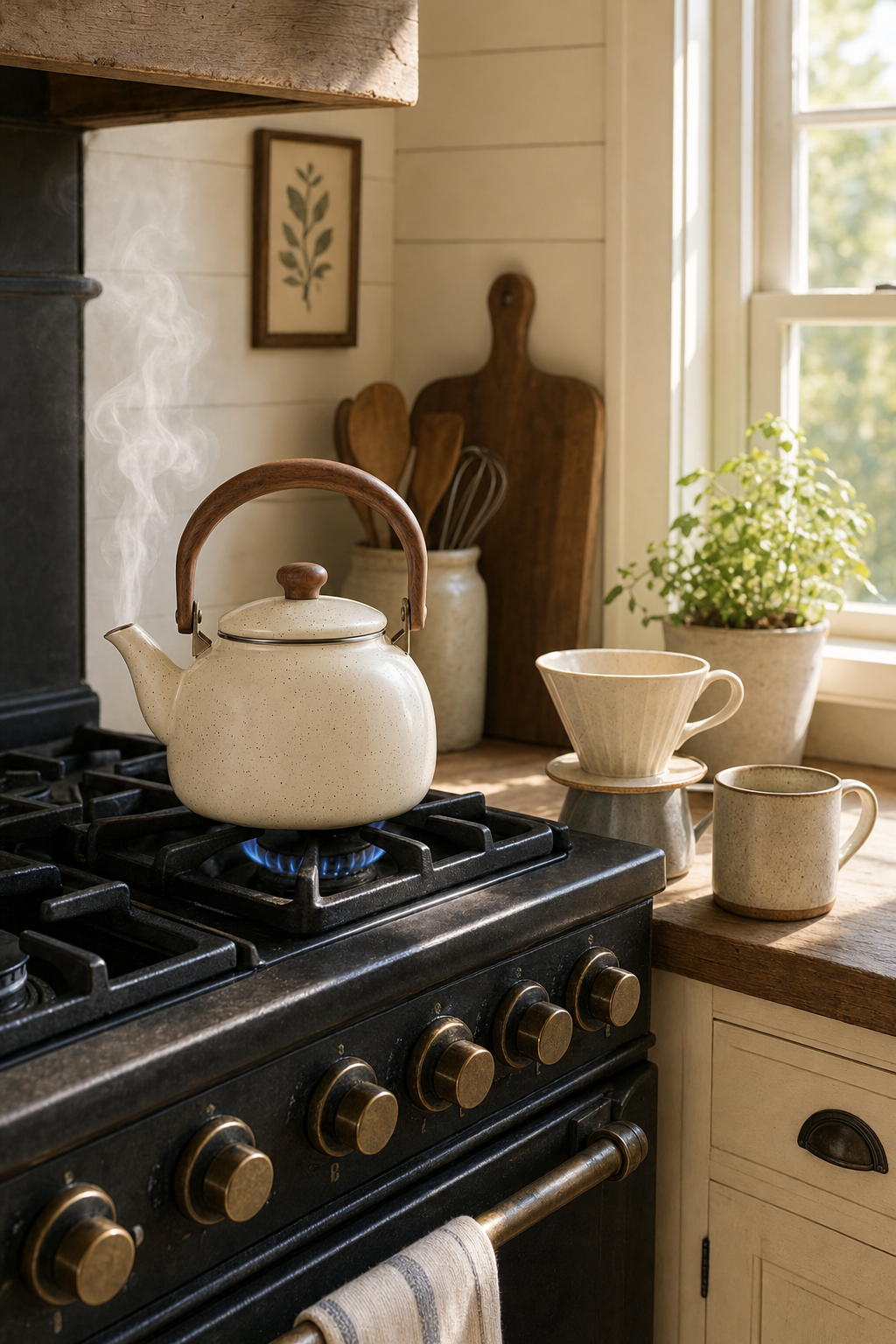 GPT Image 2 Edit: the kettle on the front burner of a black range with a pour over dripper, mug and herbs by the window
