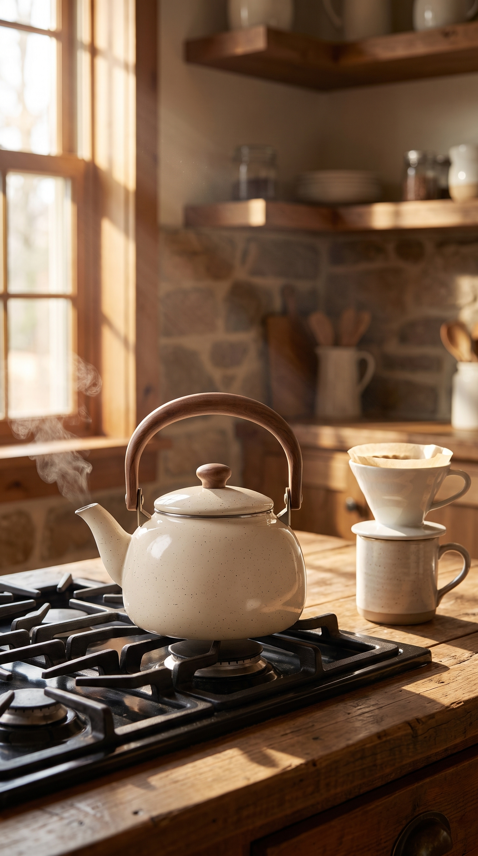 Nano Banana Edit: the kettle on a black gas stove with a pour over dripper and mugs in warm window light