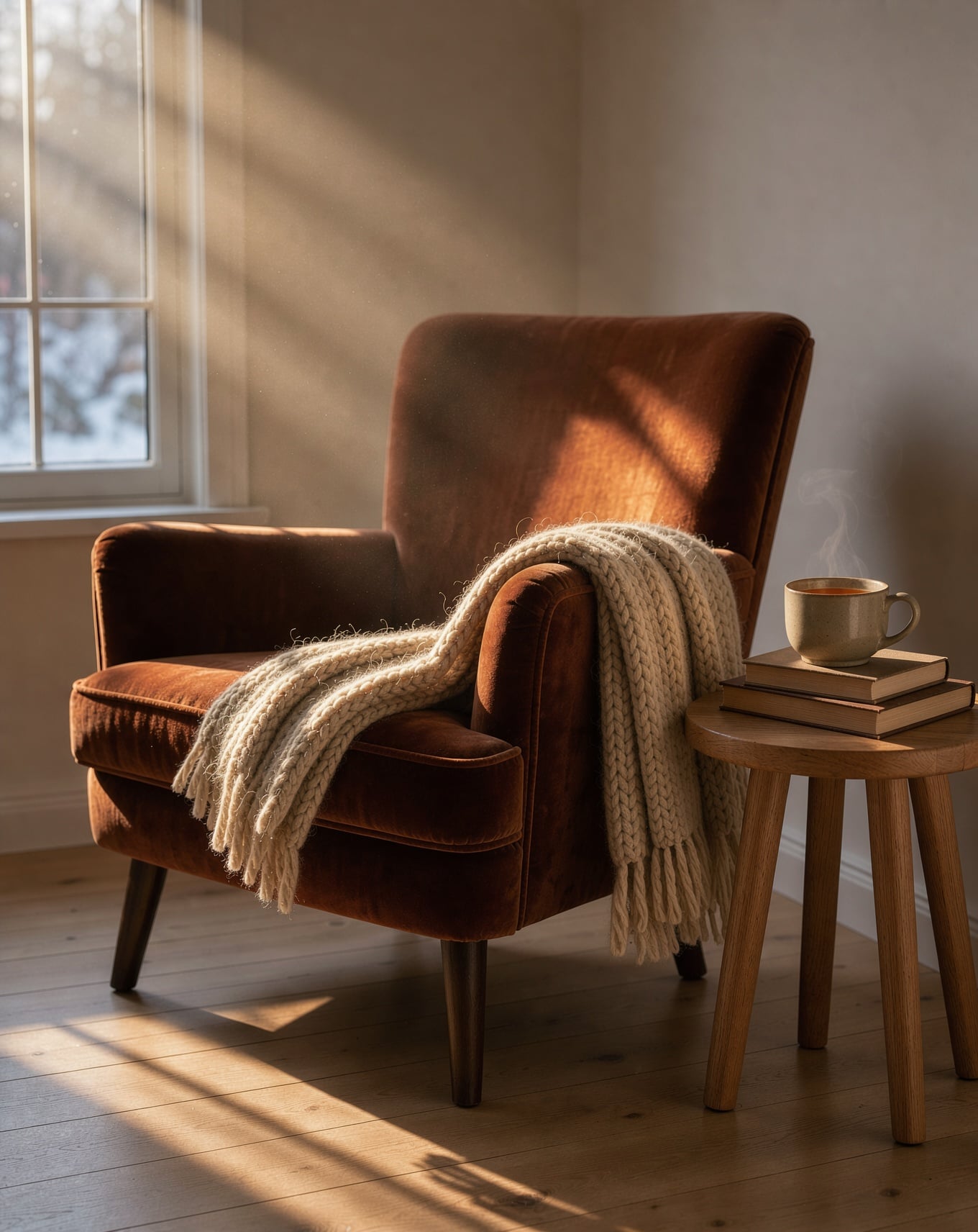 An oatmeal wool throw draped over a rust velvet armchair by a sunny window, with books and a mug of tea on a side table