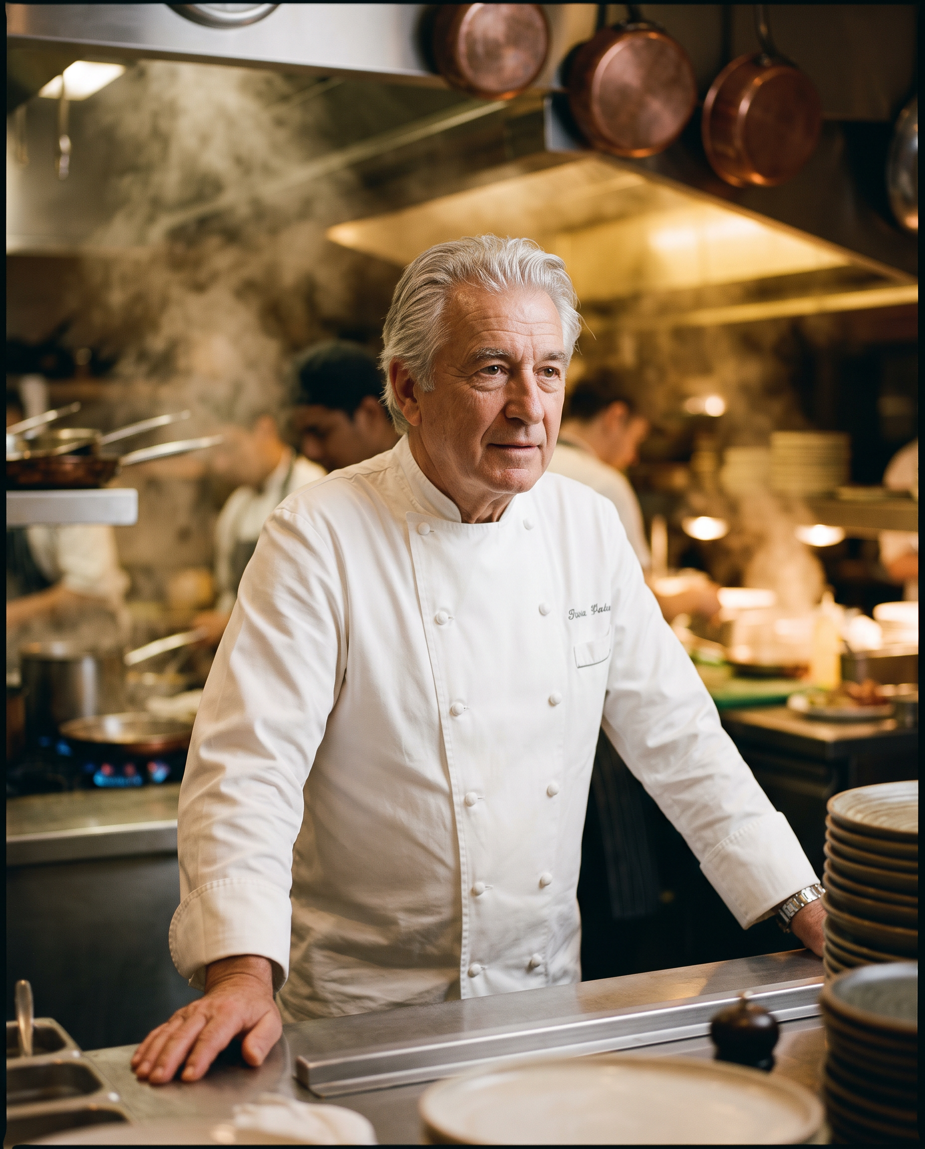 A silver haired chef in a white jacket leans on a steel pass with steam behind him