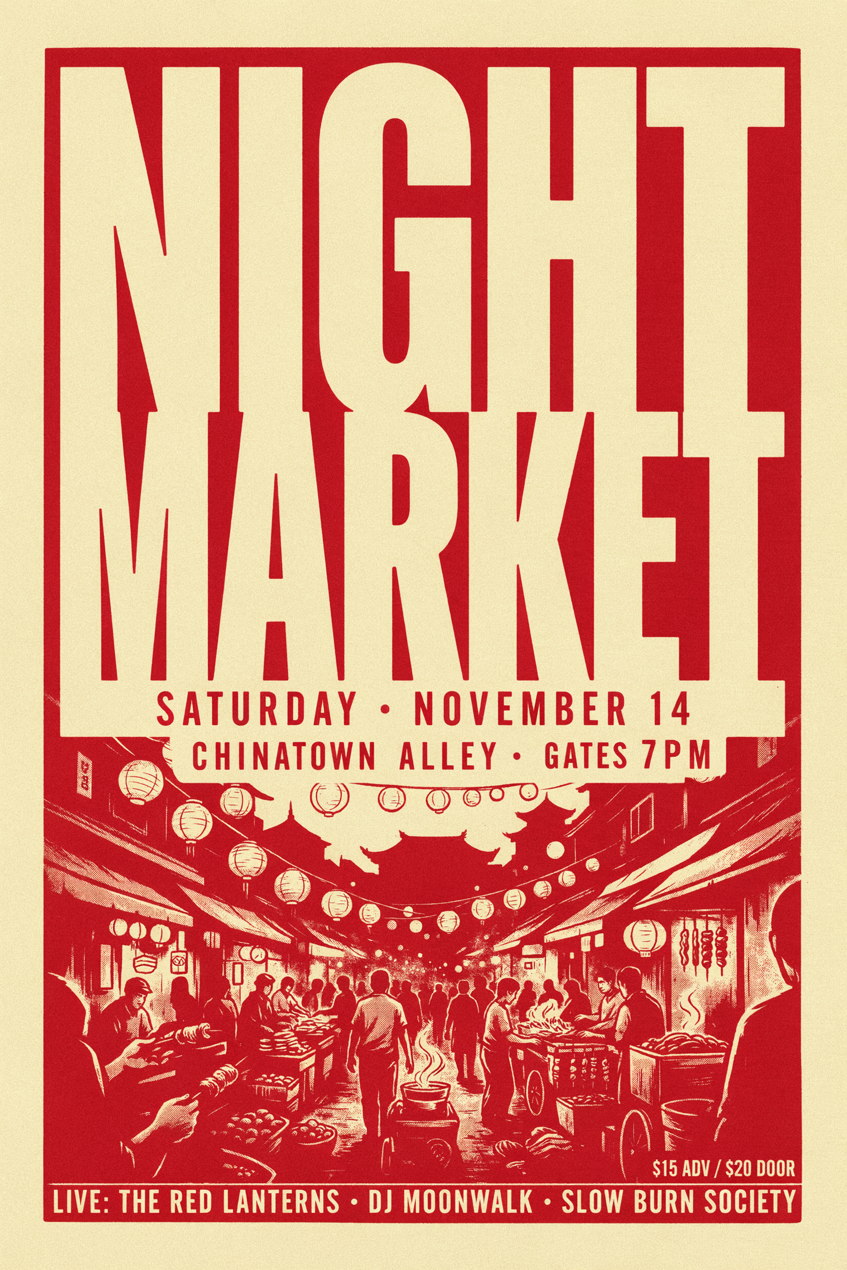 A red and cream screen printed poster reading NIGHT MARKET over a lantern lit street