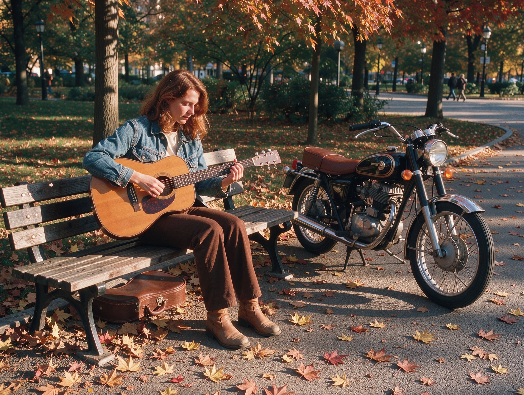 FLUX 3 Image: a woman plays guitar on a park bench beside a vintage motorcycle