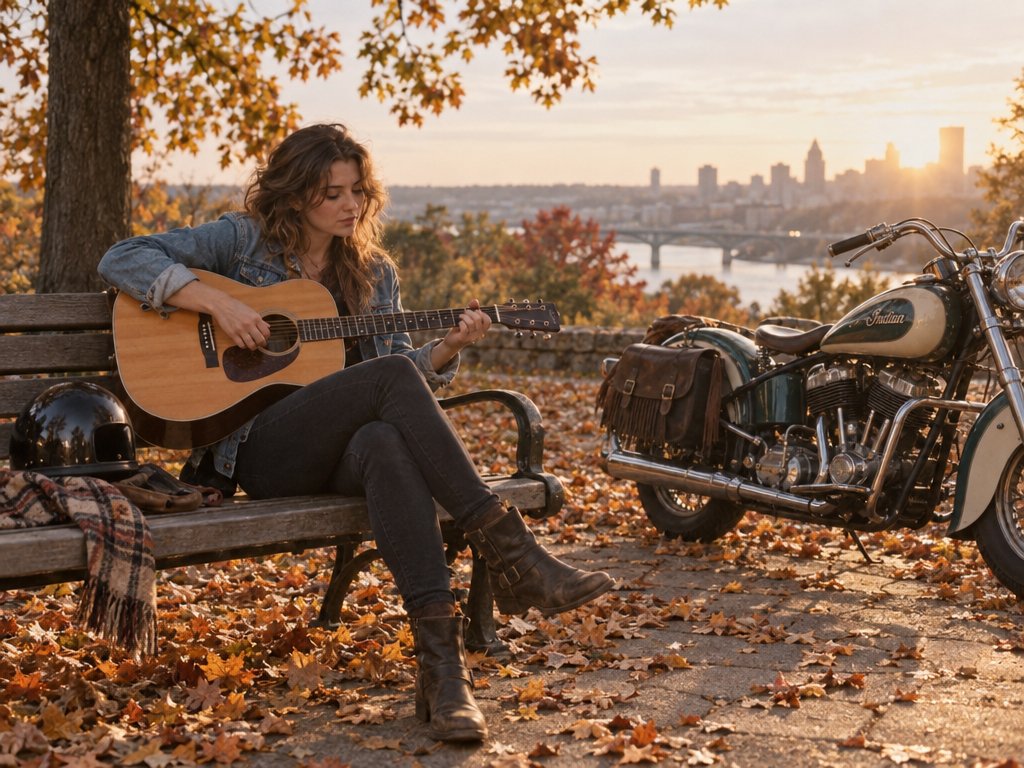 GPT Image 2.5: a woman plays guitar on a park bench beside a vintage motorcycle