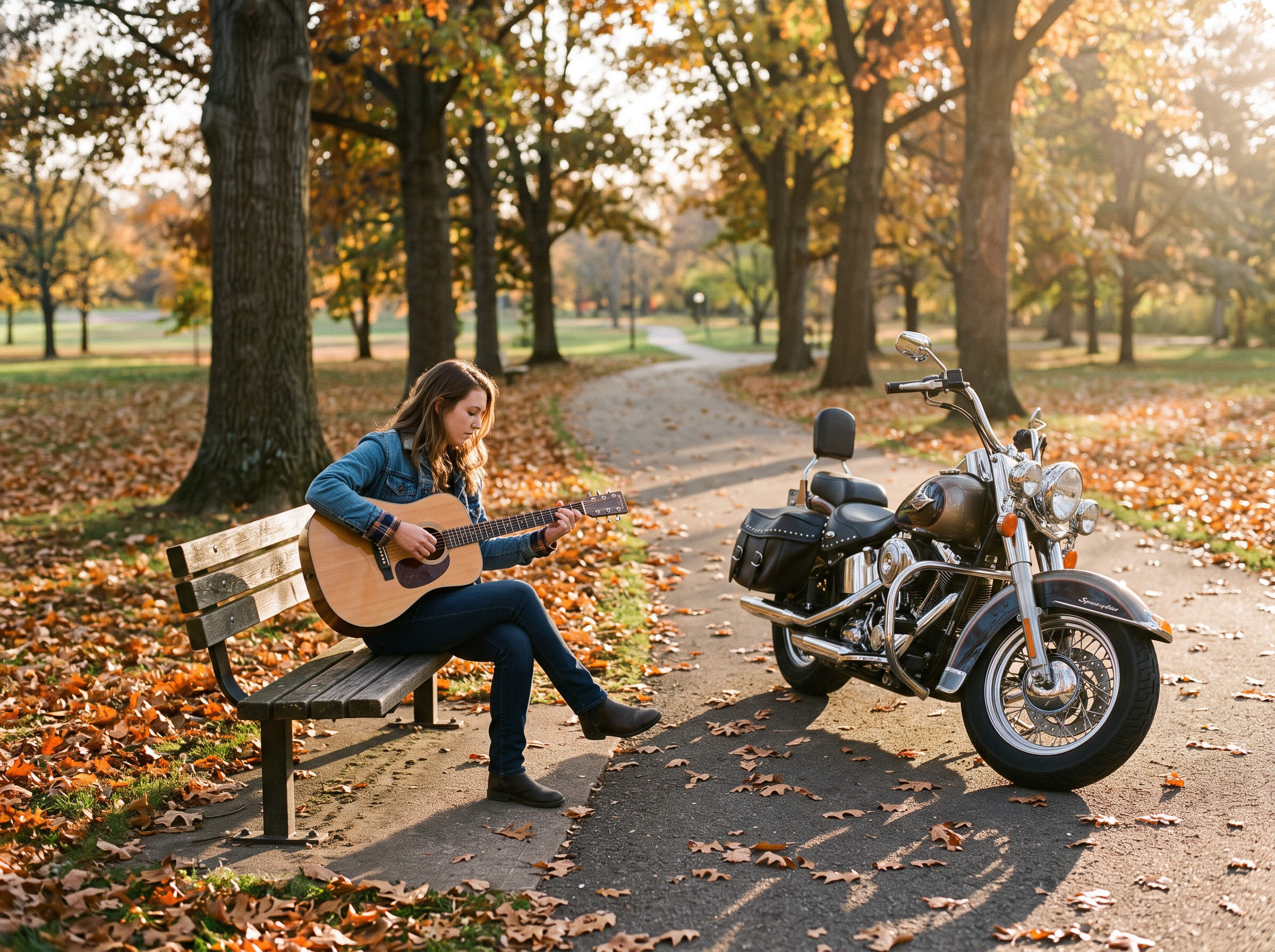 Nano Banana 2.1: a woman plays guitar on a park bench beside a vintage motorcycle