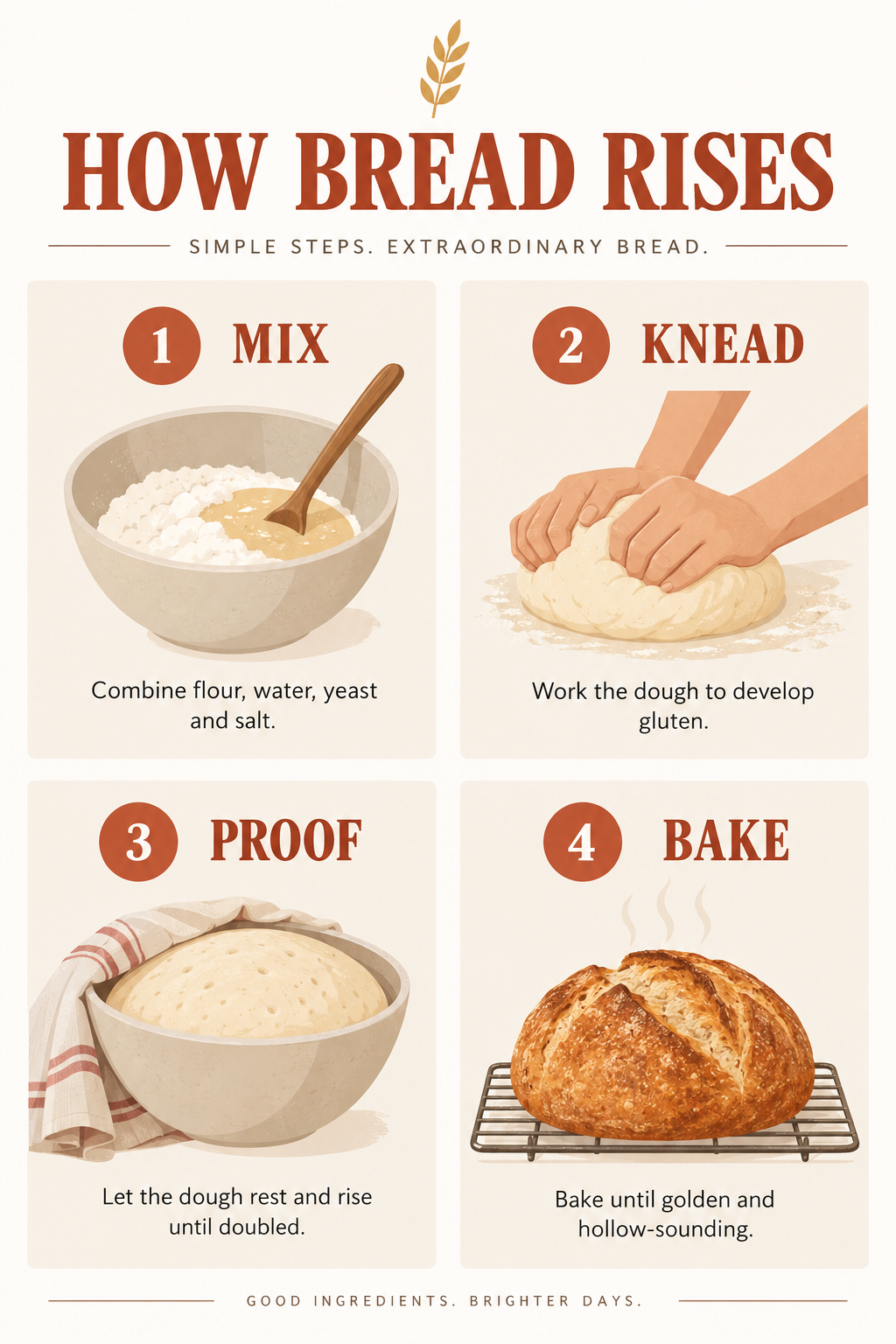 An infographic poster titled HOW BREAD RISES with four numbered steps