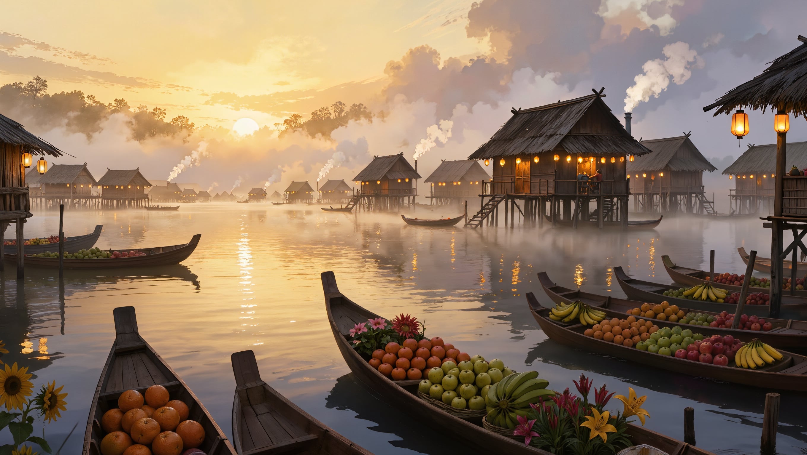 A floating market city on a misty lake at dawn with boats full of fruit and flowers