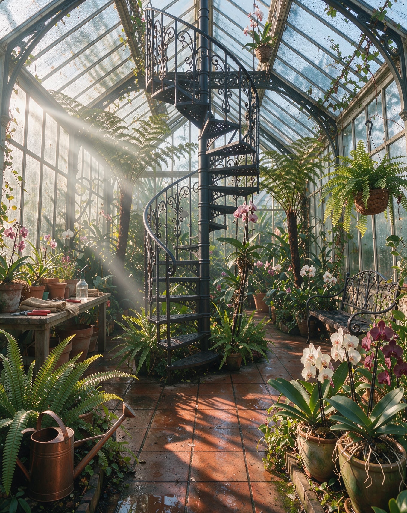 A Victorian glass greenhouse full of ferns and orchids with an iron spiral staircase