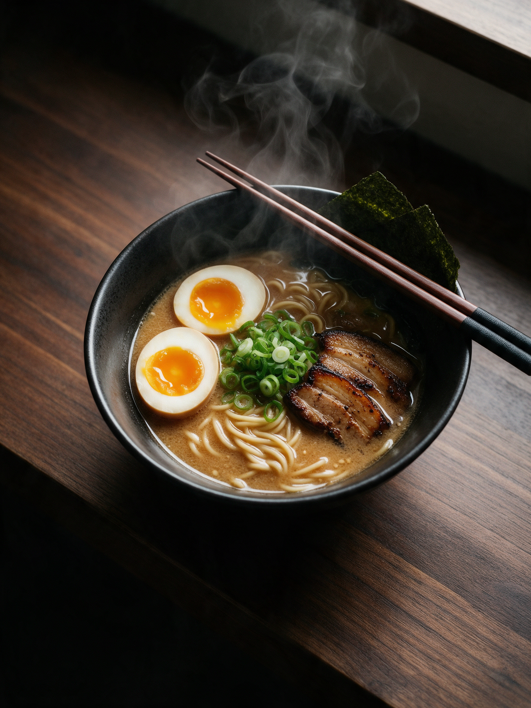 A bowl of miso ramen with soft boiled eggs, pork and scallions, steam rising, chopsticks on the rim