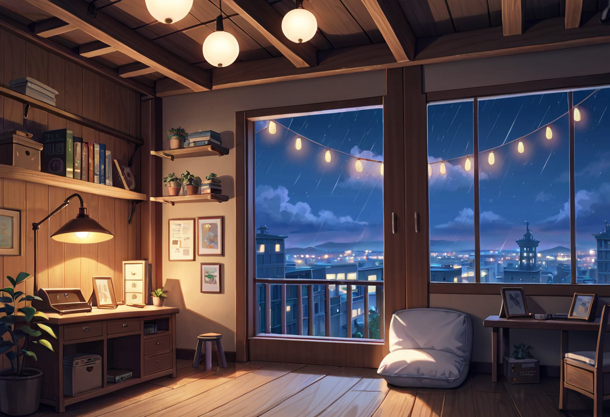 Cozy anime attic workshop at night with a wooden desk, bookshelves, string lights and paper lanterns, a big window looking out over glowing city lights